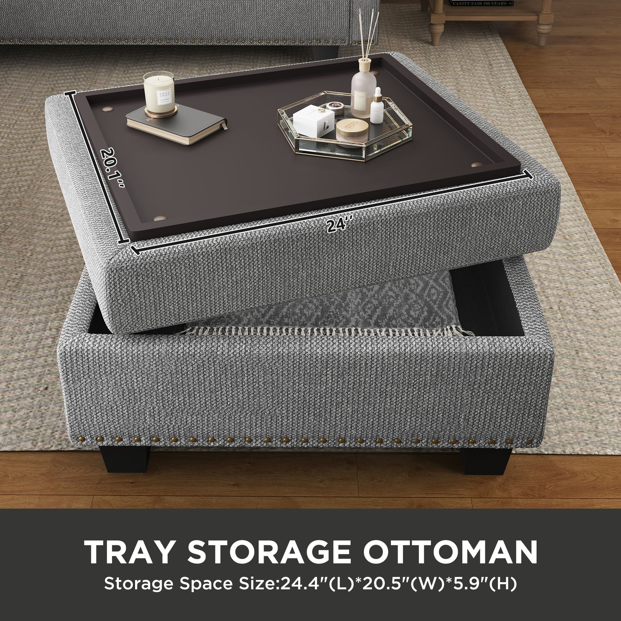 HONBAY 28.4" Wide Rectangle Storage Ottoman of Sectional Corner Sofa #Color_Light Grey