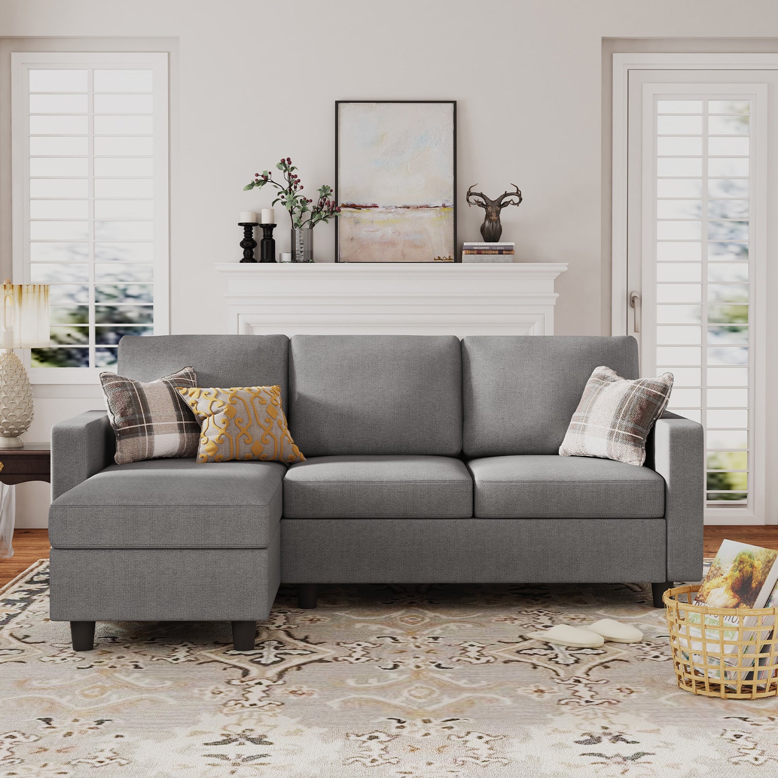 Honbay L-Shaped Gray Upholstered Sectional Comfortable Soft Sofa Couch 