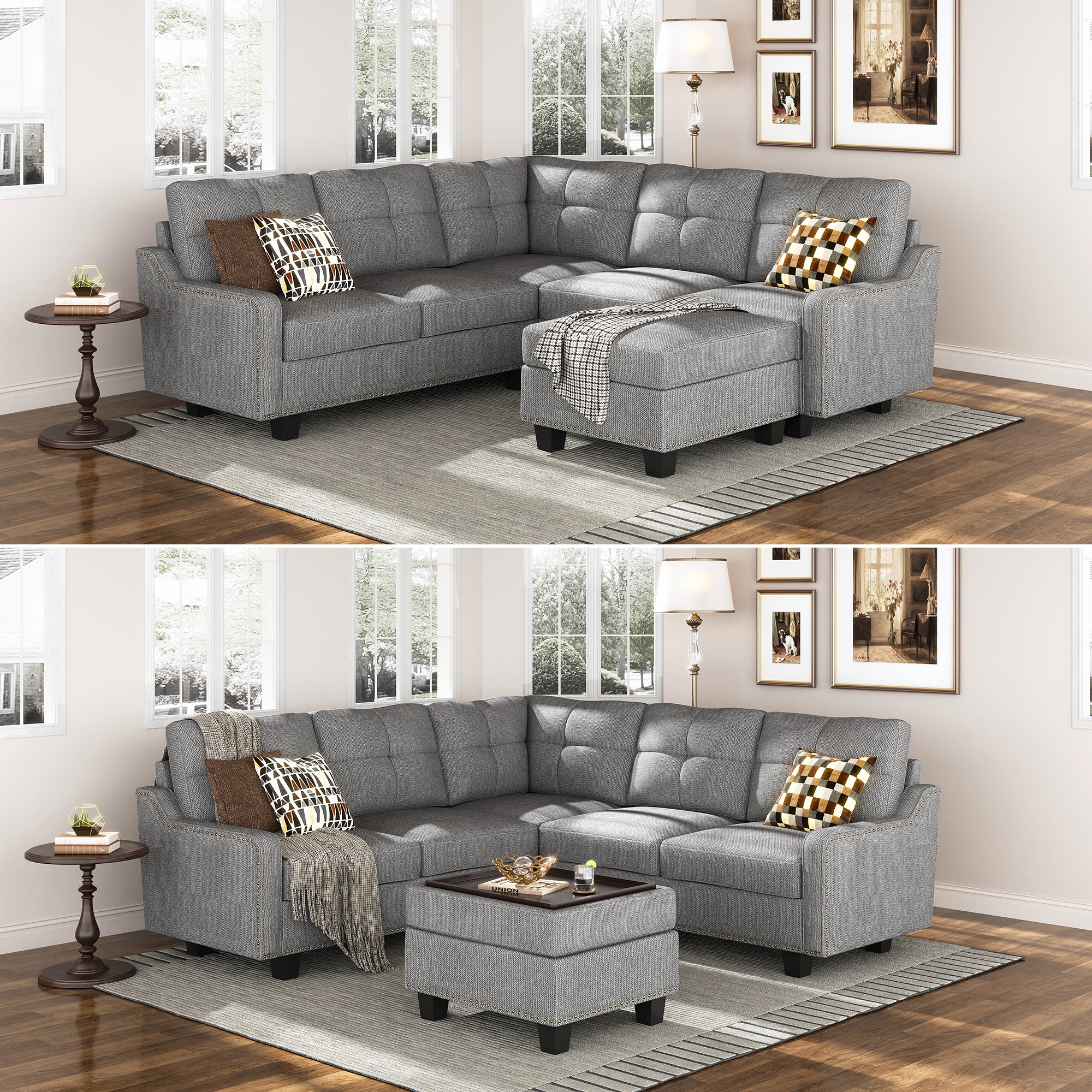 HONBAY Polyester Sectional Corner Sofa with Reversible Lid Ottoman  #Color_Light Grey