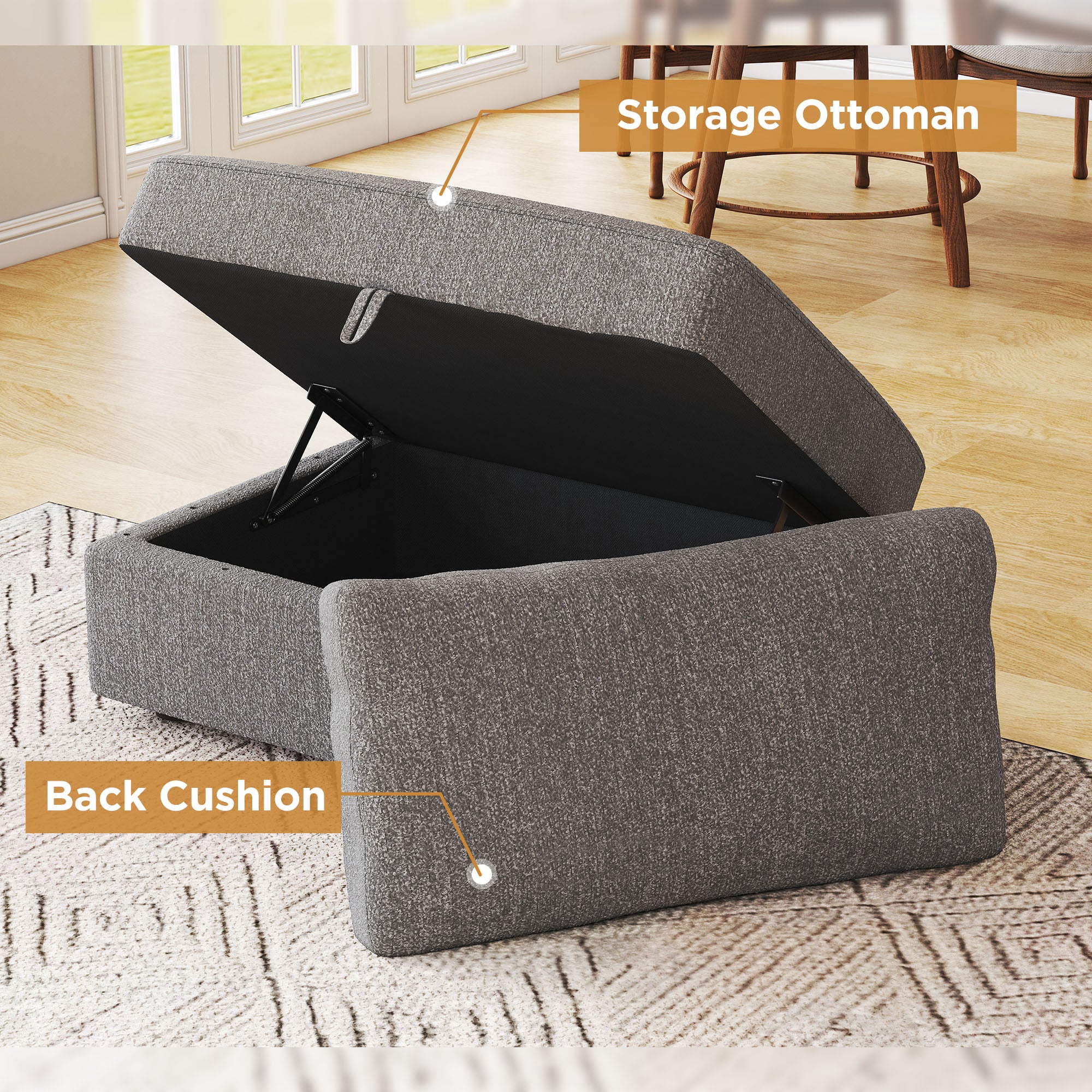 HONBAY Linen Grey Fabric Storage Ottoman with Back Cushion