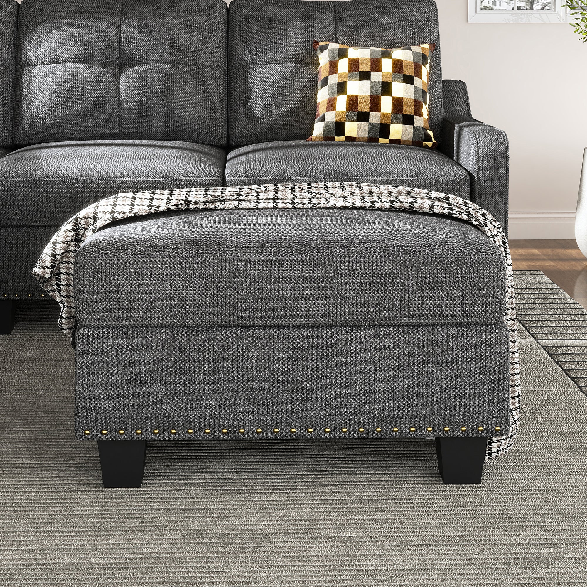 Dark Grey Storage Ottoman for HONBAY Polyester Sectional Corner Sofa #Color_Dark Grey