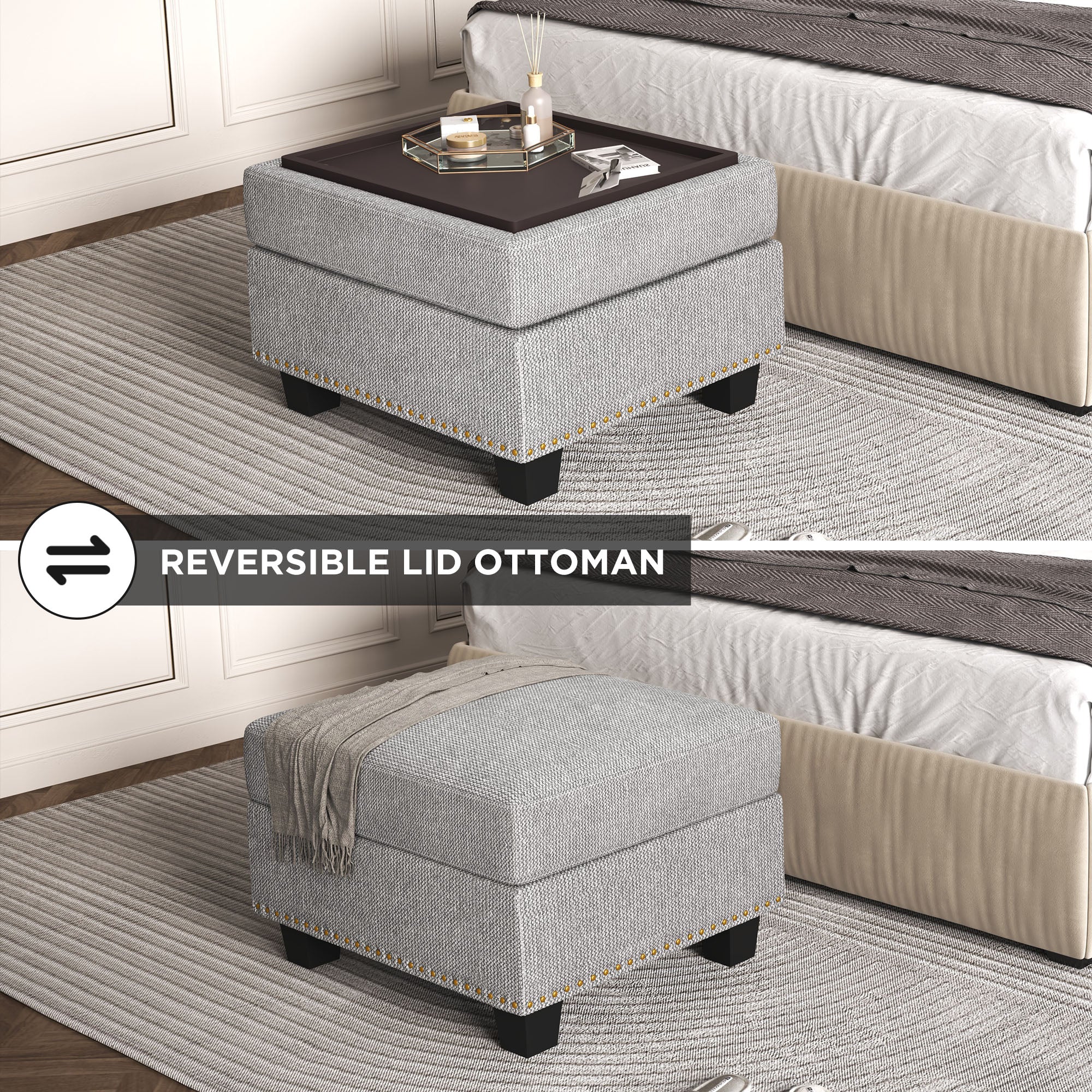 Reversible Lid Ottoman for HONBAY Polyester Sectional Corner Sofa #Color_Light Grey