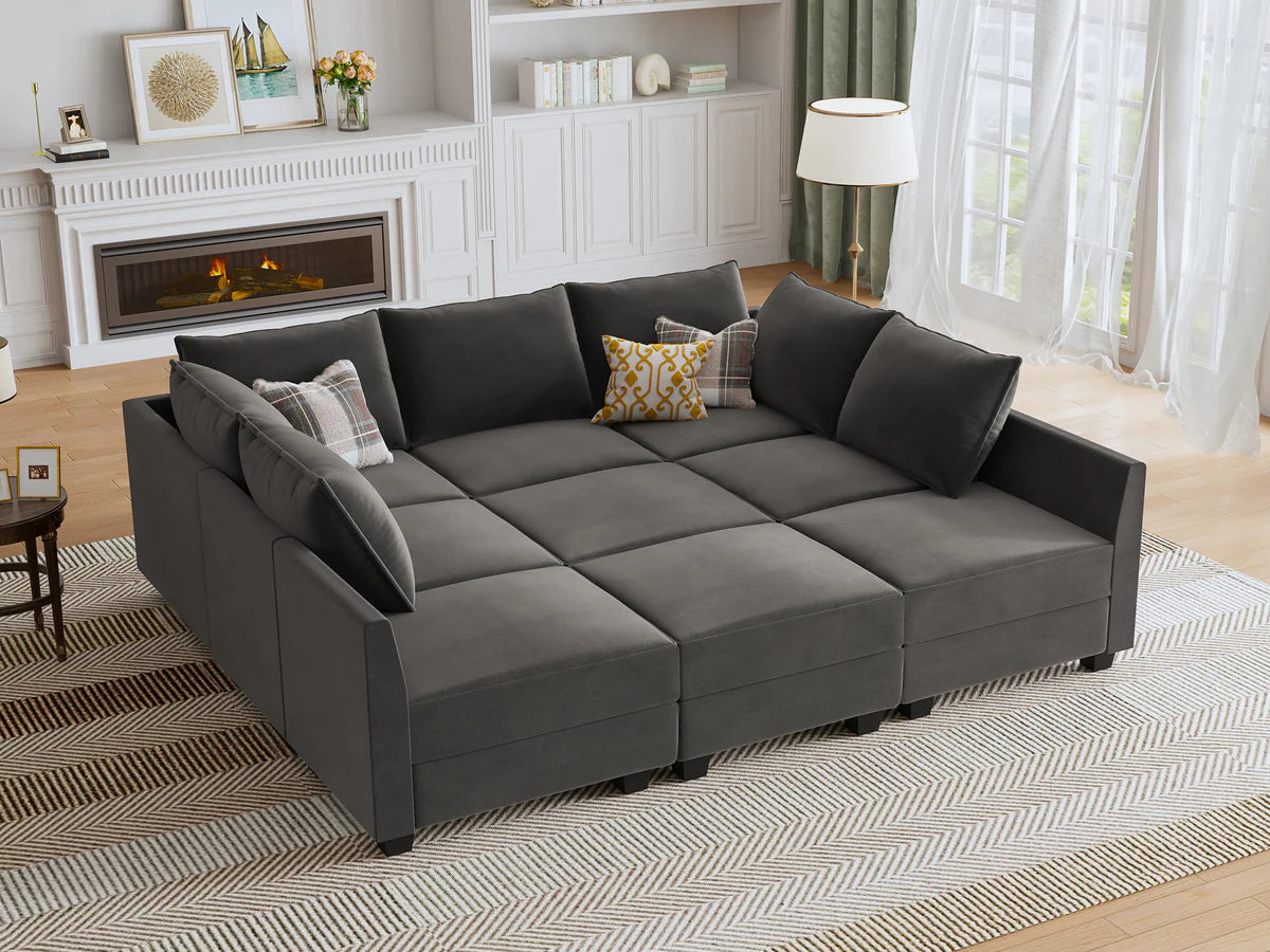 a beautiful modular sleeper sofa in the middle of a warmly designed living room 