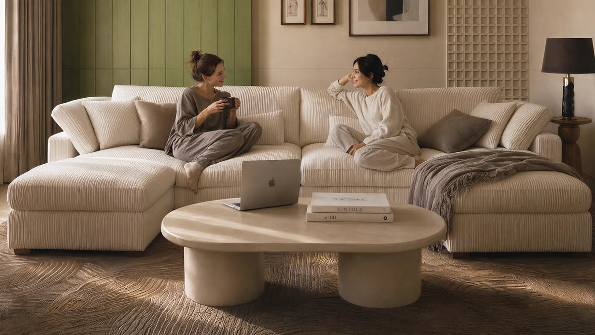 HONBAY cream modular sectional sofa in a cozy living room with two people relaxing