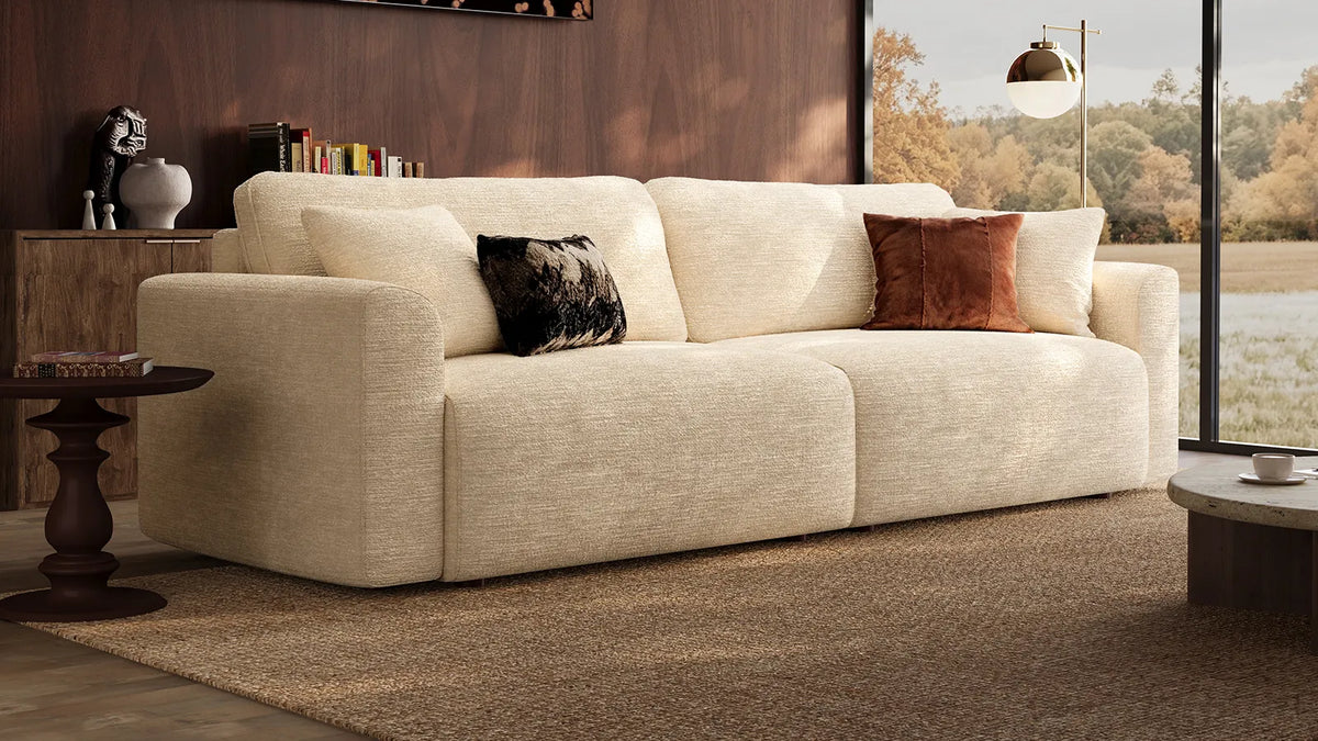 Cream compact loveseat with coffee table in a small living room layout