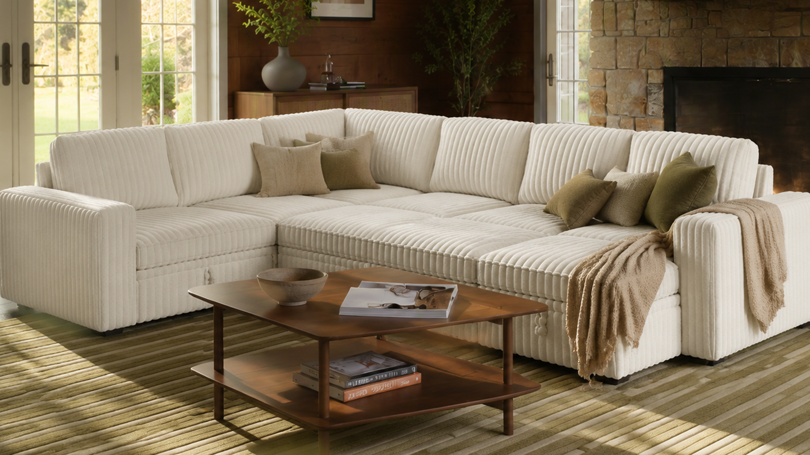 Cream L-shaped modular sectional sofa with ribbed upholstery in a modern living room