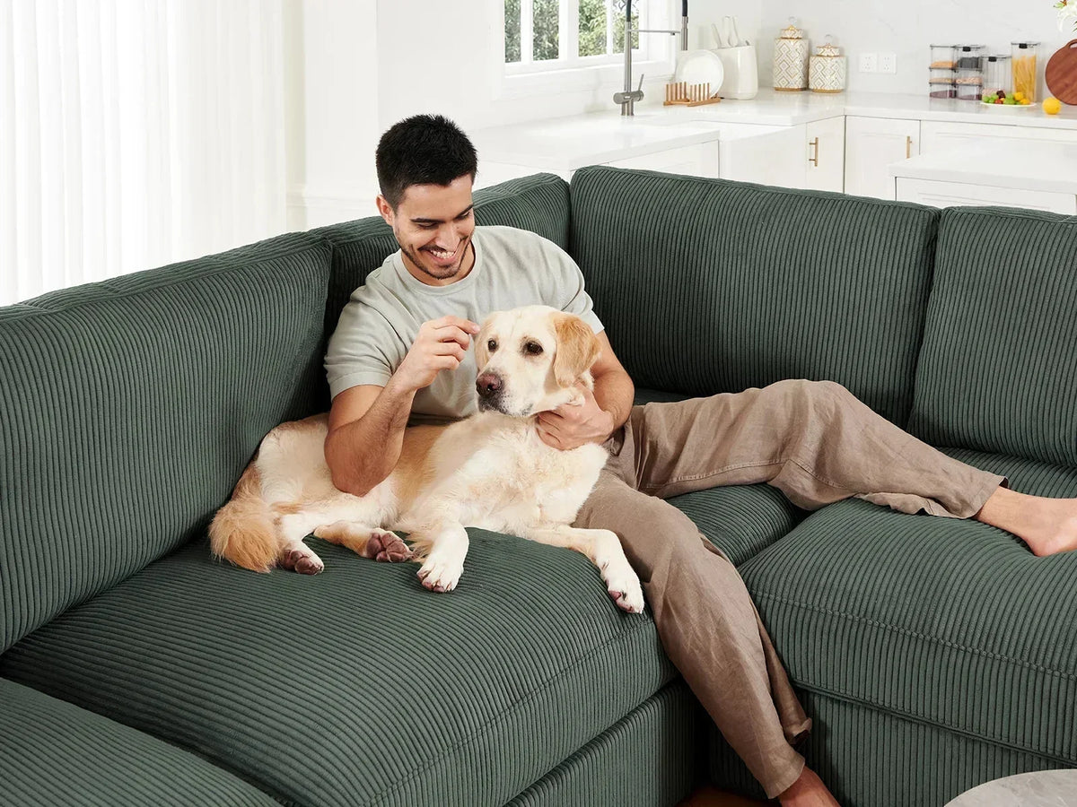 Man petting golden retriever dog while relaxing on dark‑green corduroy sectional sofa