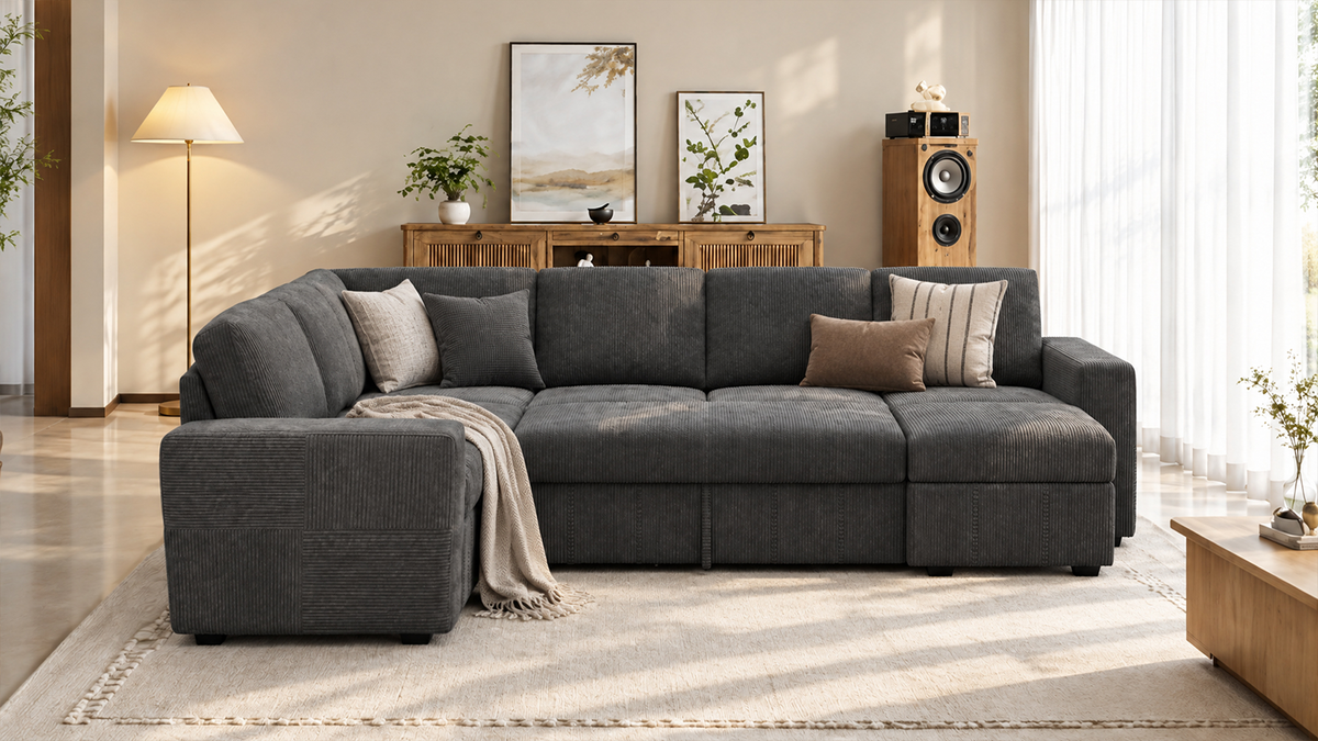 Space gray 7-piece corduroy modular sectional sleeper sofa with hidden storage for family room