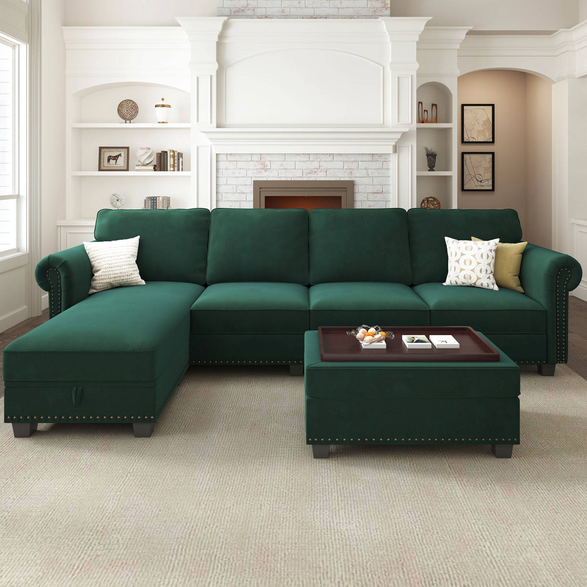NOLANY 5-Piece Polyester Convertible Sectional With Tray Ottoman #Color_Green