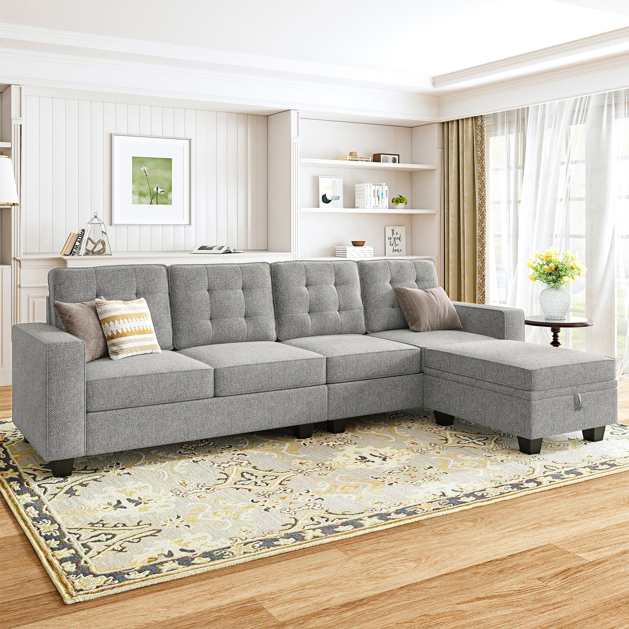 HONBAY 4 Seat Sectional Sofa Couch with Optional Extra Stoage Chaise Ottoman