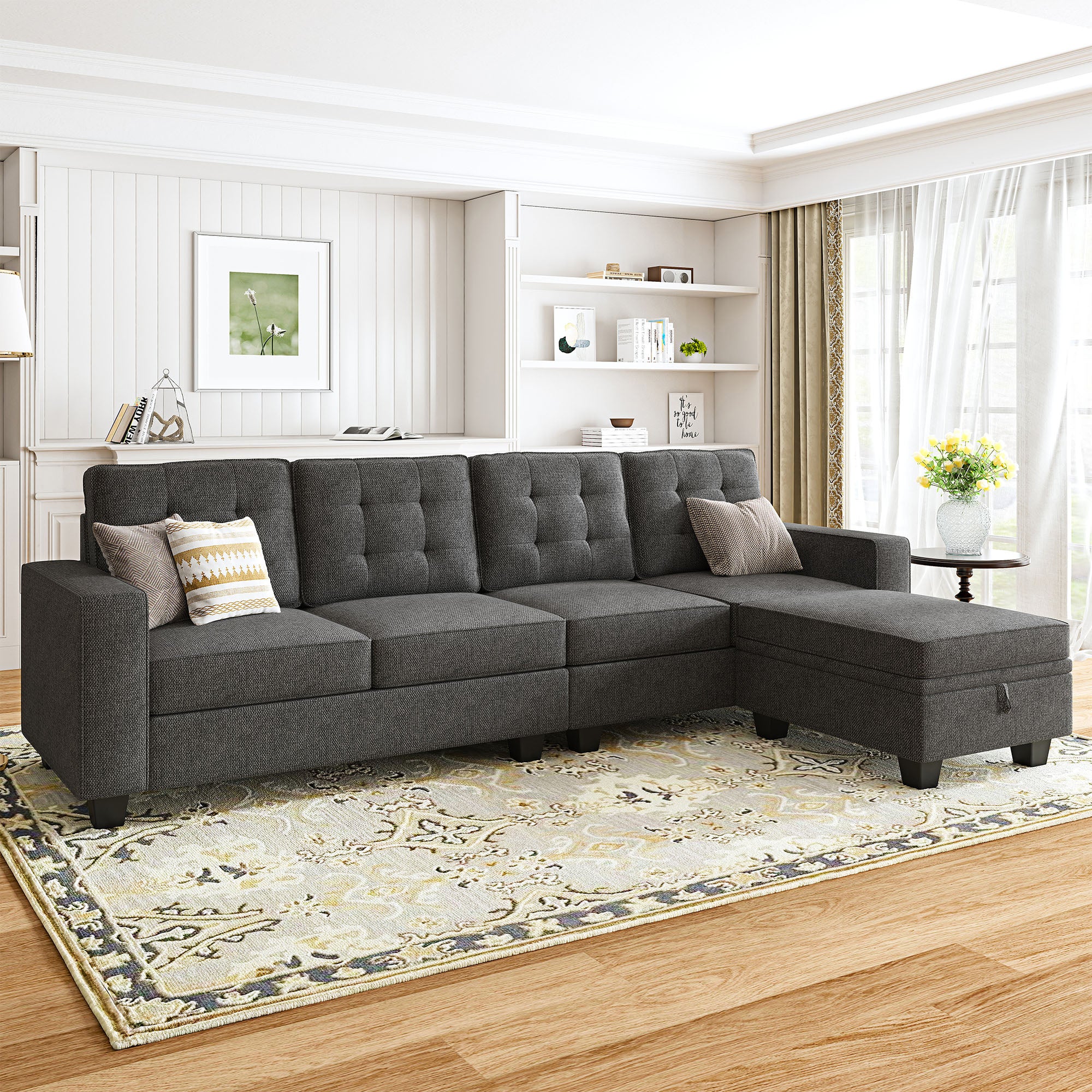 HONBAY 4-Seat Sectional Sofa Couch with Optional Extra Stoage Chaise&Ottoman