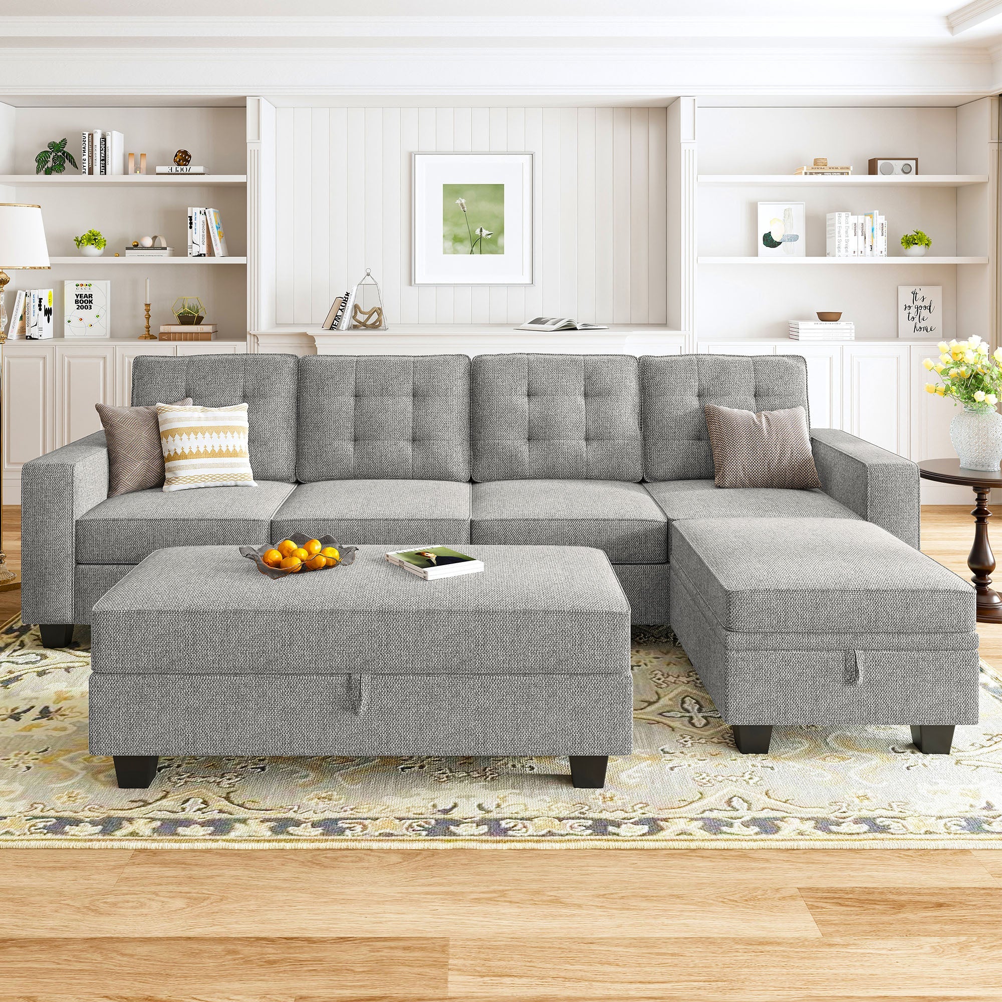 HONBAY Polyester 4 Seat L-Shaped Sectional Sofa with Rectangle Ottoman