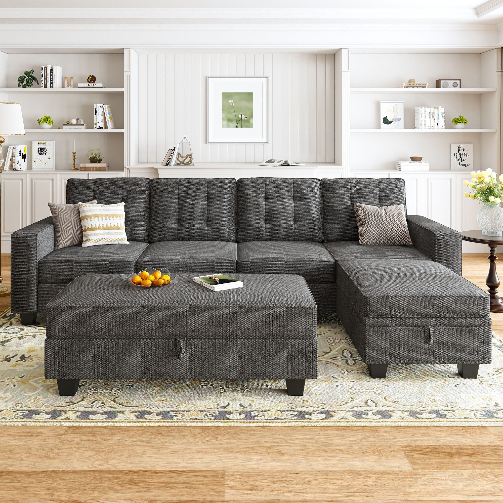 HONBAY 6-Piece Linen Convertible Sectional With Storage Ottoman