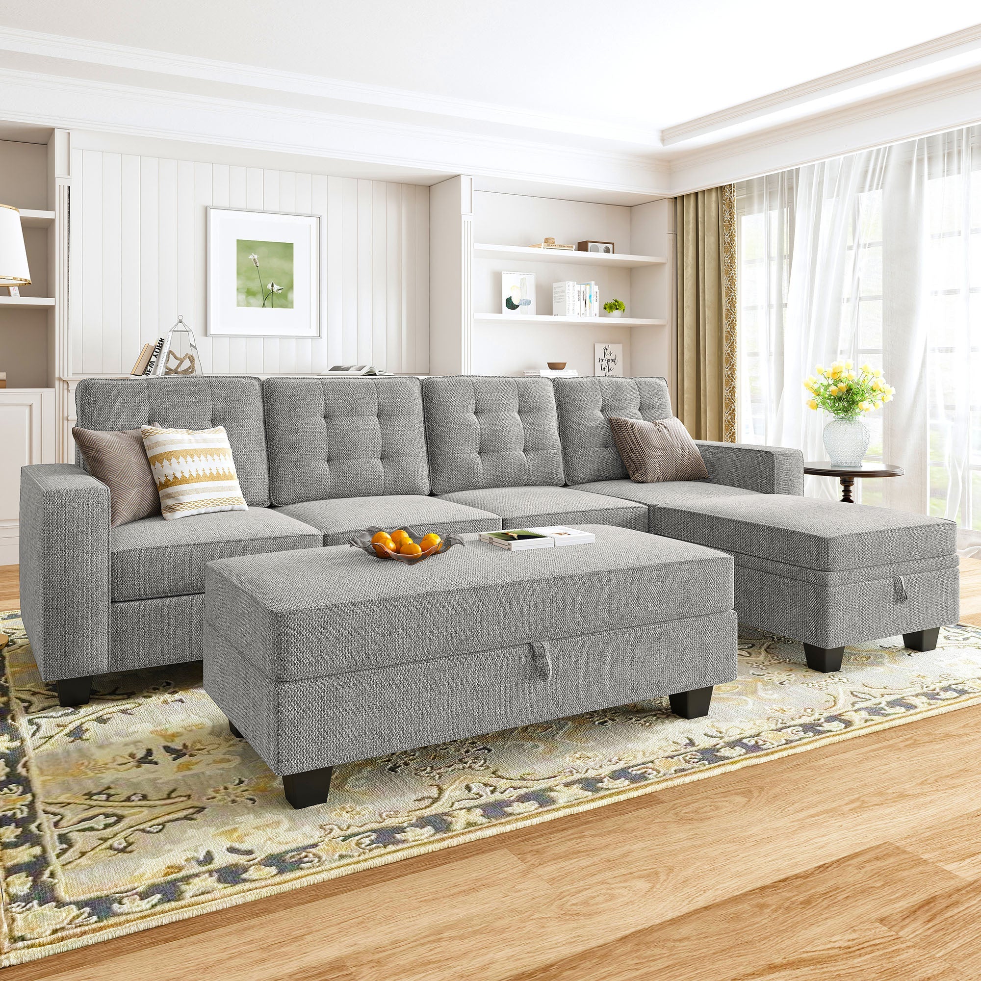 HONBAY L-Shaped Tufted Back Sectional Sofa with Extra Storage Ottoman