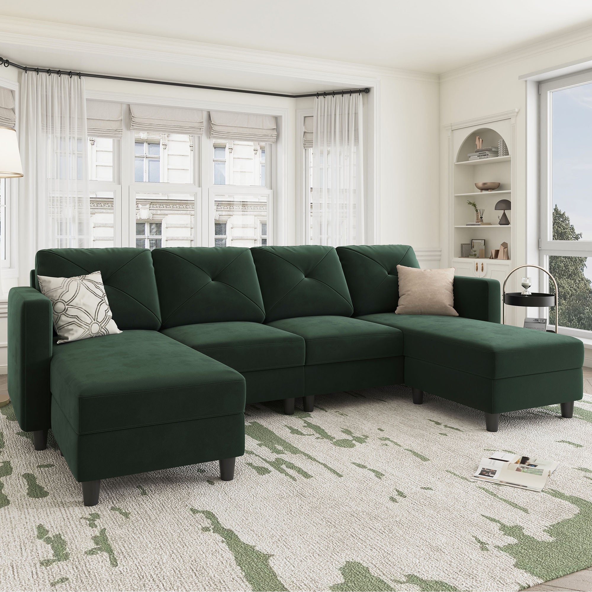 HONBAY 4-Seat U-Shaped Sofa Convertible Sectional Sofa with Reversible Chaise #Color_Green