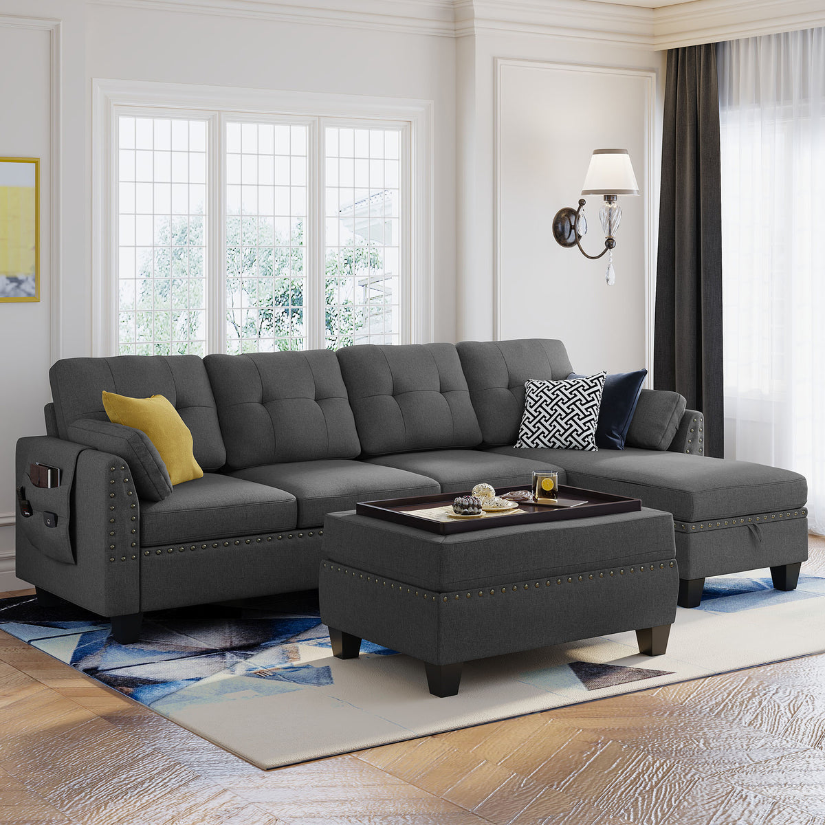 Modern L Shaped Sectional Sofa Couch Set with Tray Coffee Table Ottoman ...