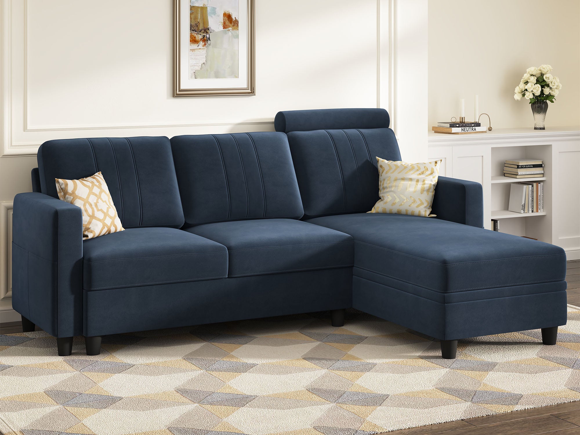 HONBAY Velvet L Shaped Sectional Sofa Couch with Reversible Storage Chaise