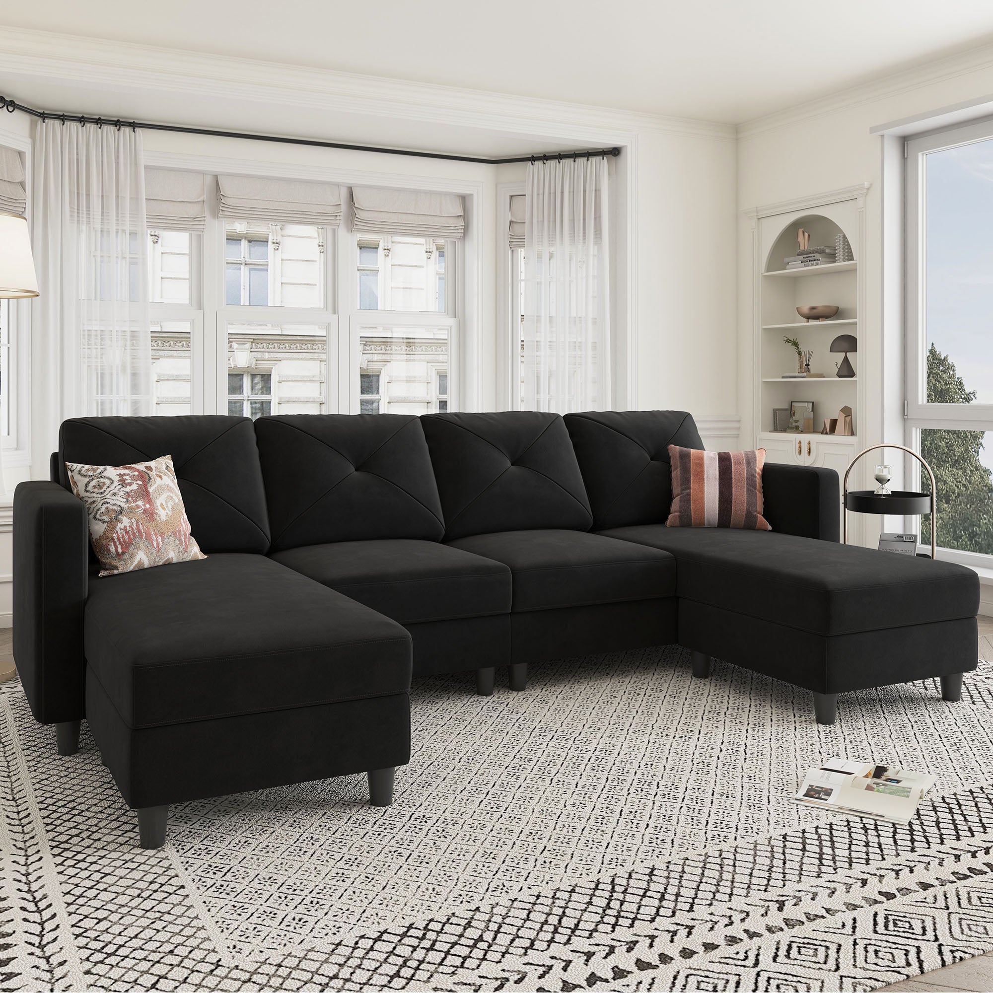 HONBAY 4-Seat U-Shaped Sofa Convertible Sectional Sofa with Reversible Chaise #Color_Black