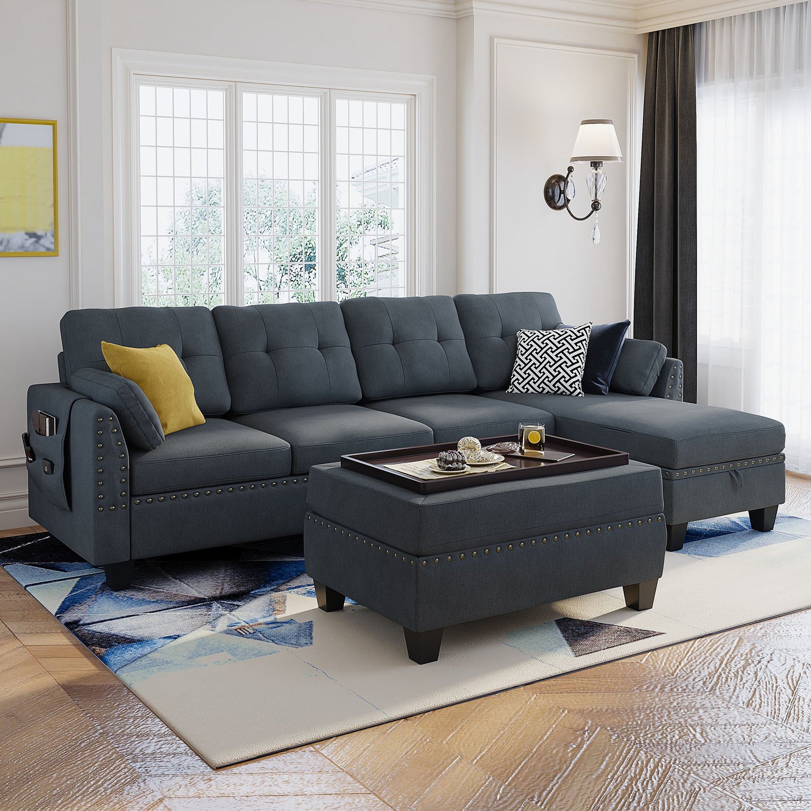 LShaped Sectional Sofa Couch Set Tray Coffee Table Ottoman