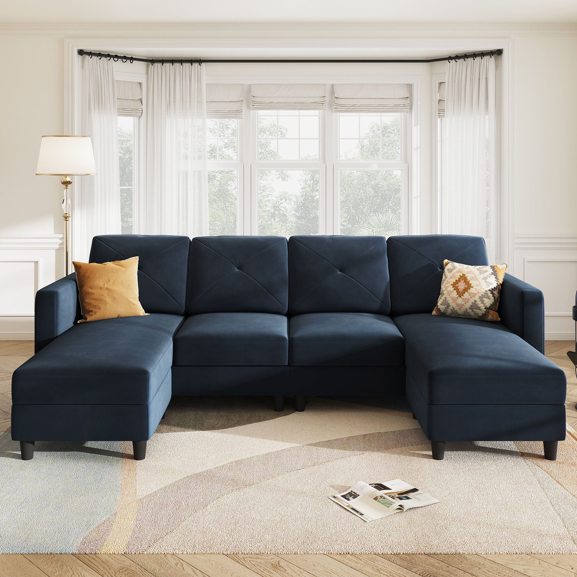 HONBAY 4-Seat U-Shaped Sofa Convertible Sectional Sofa with Reversible Chaise #Color_Dark Blue