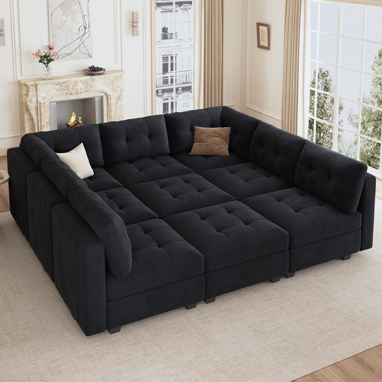 HONBAY Velvet Tufted 3-Seat Modular Storage Sofa Couch & Sofa Bed