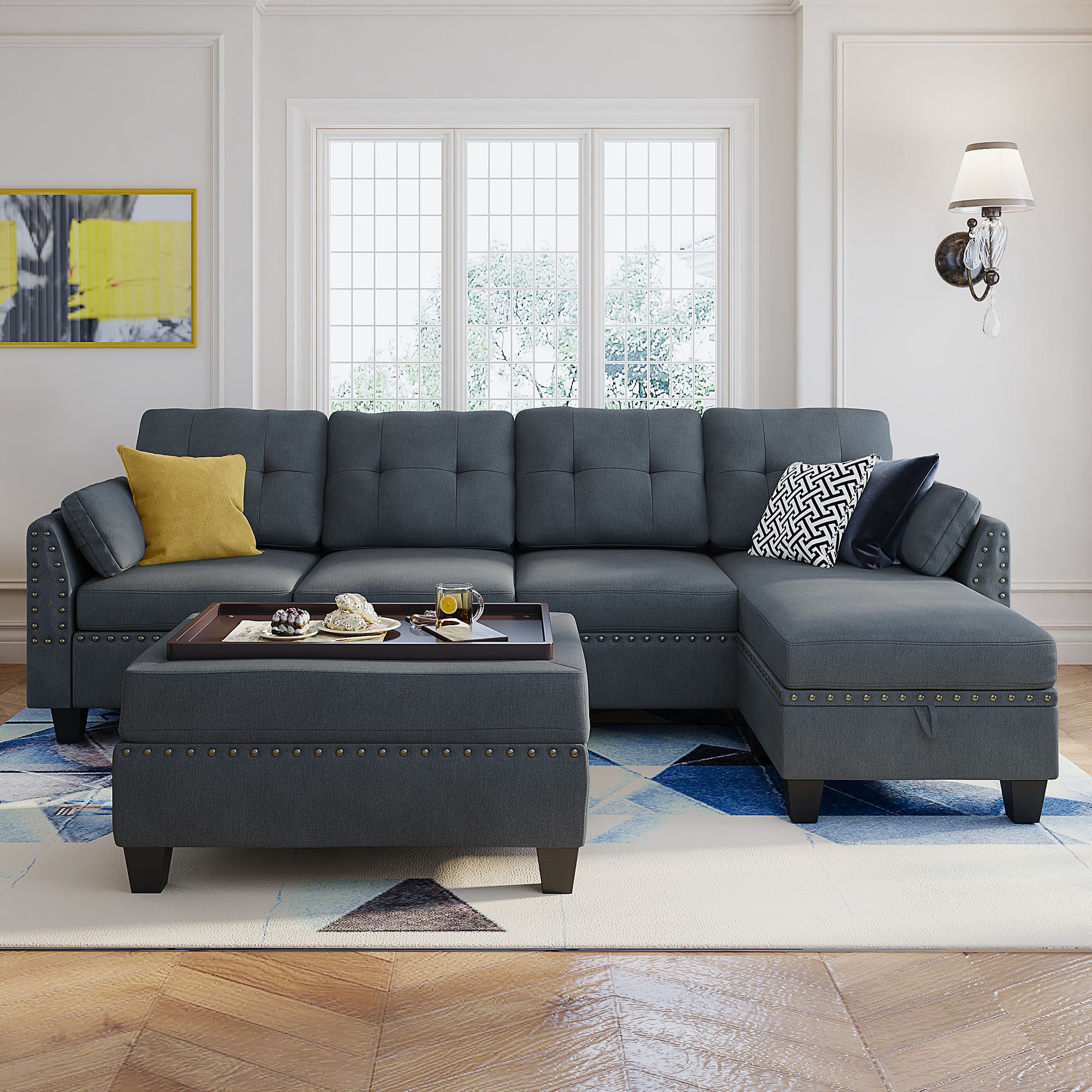 HONBAY 4-Seat L-Shaped Sectional Sofa with Storage Ottoman Set