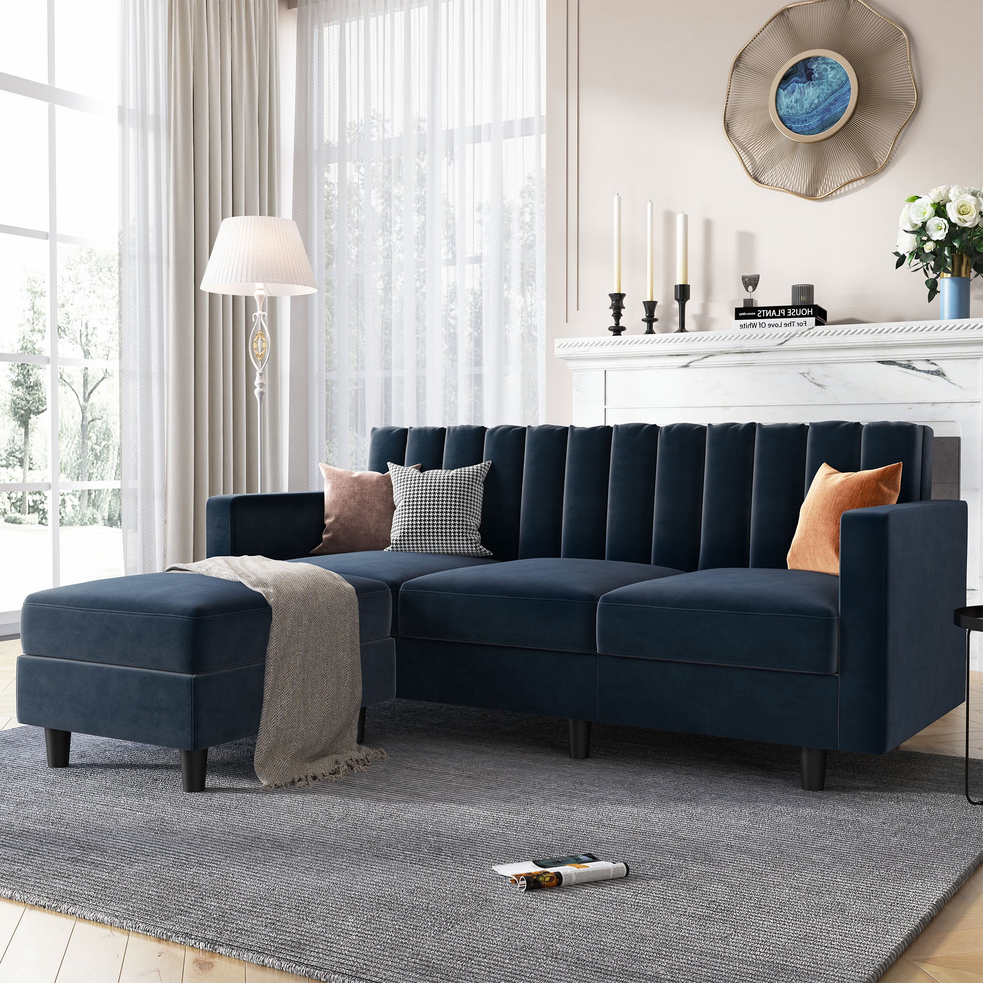 HONBAY Velvet 3-Seat L-Shaped Sectional Sofa with Tufted Back
