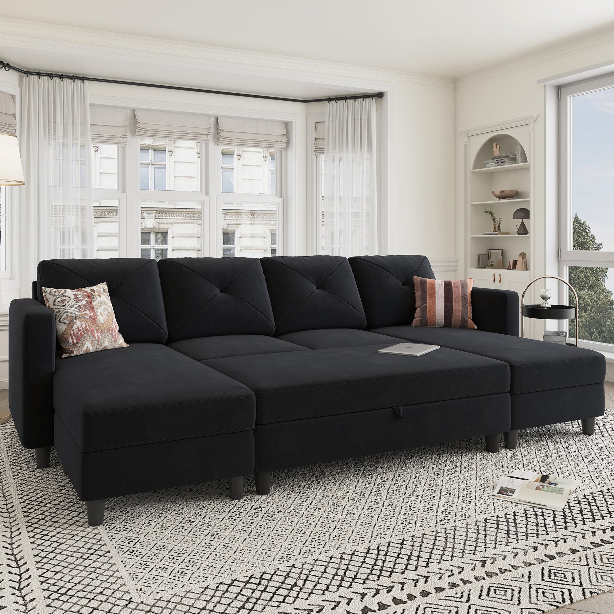 HONBAY 6-Piece Velvet Convertible Sleeper Sectional With Storage Ottoman