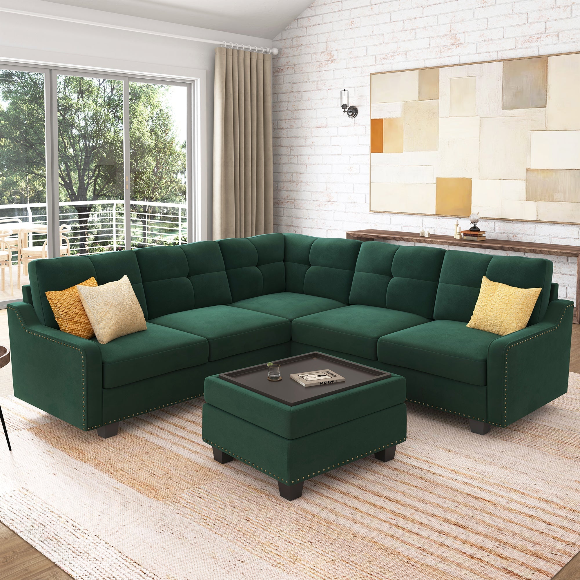 HONBAY 6-Piece Velvet Convertible Sectional With Tray Ottoman