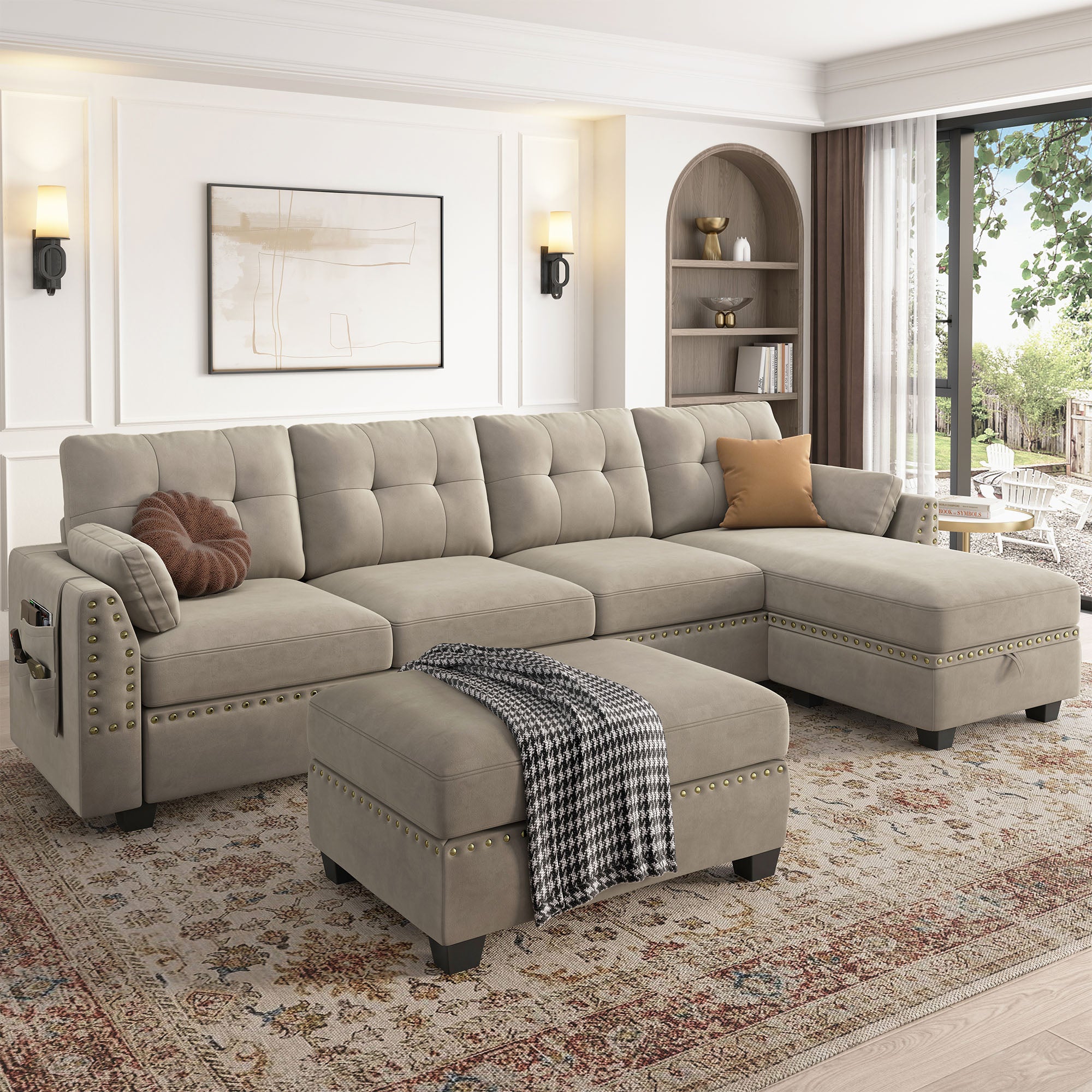 HONBAY Velvet 4-Seat L-Shaped Sectional Sofa with Storage Ottoman Set