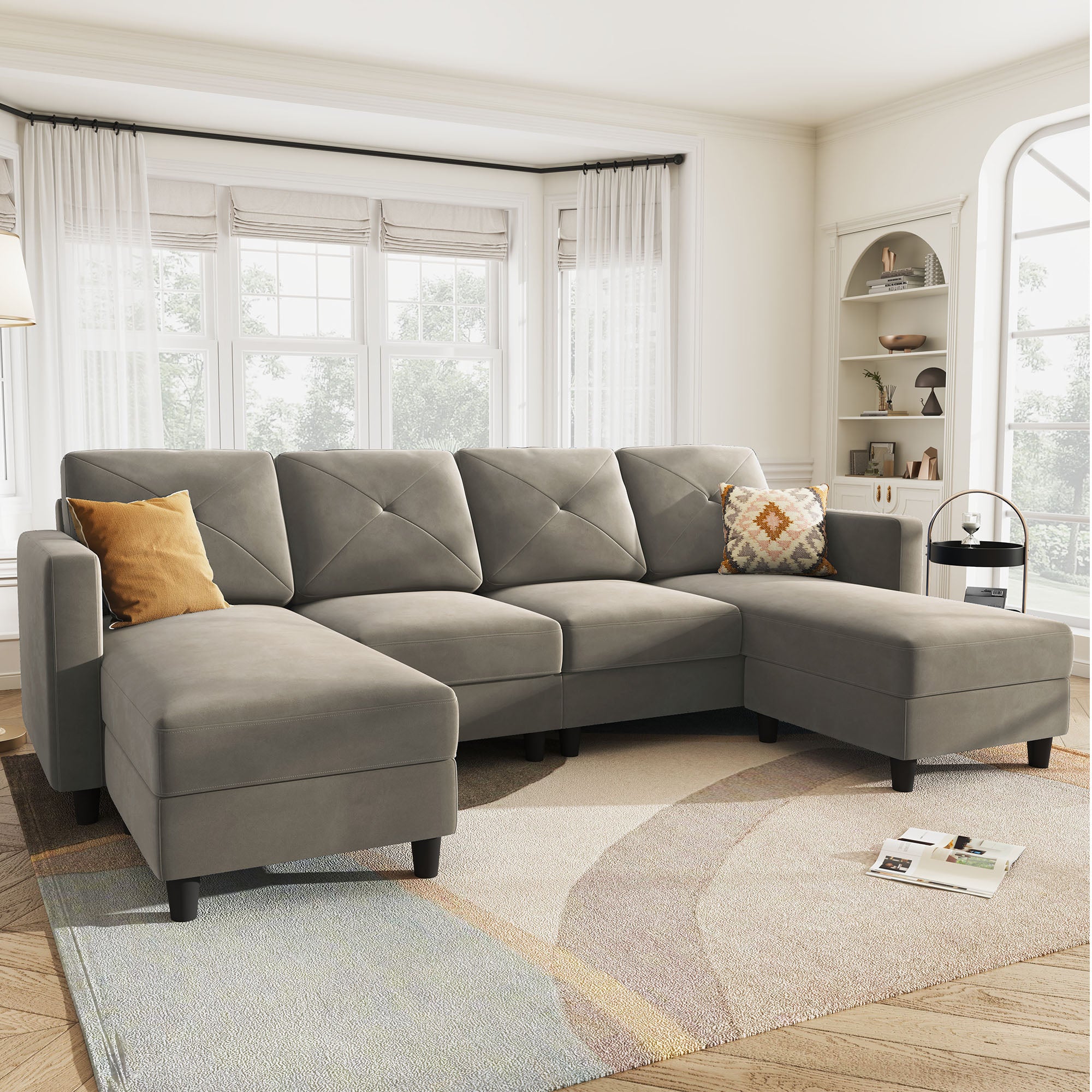 HONBAY 4-Seat U-Shaped Sofa Convertible Sectional Sofa with Reversible Chaise #Color_Pearl Grey