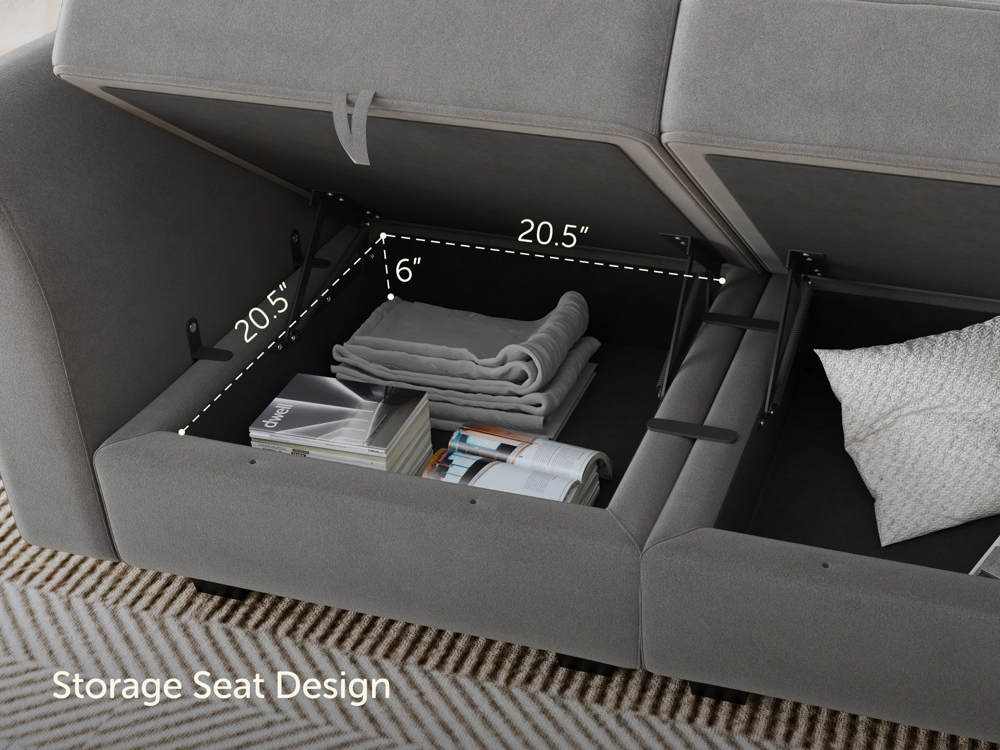 HONBAY Velvet 6-Seat Convertible Modular Sofa with Storage Seat #Color_Grey