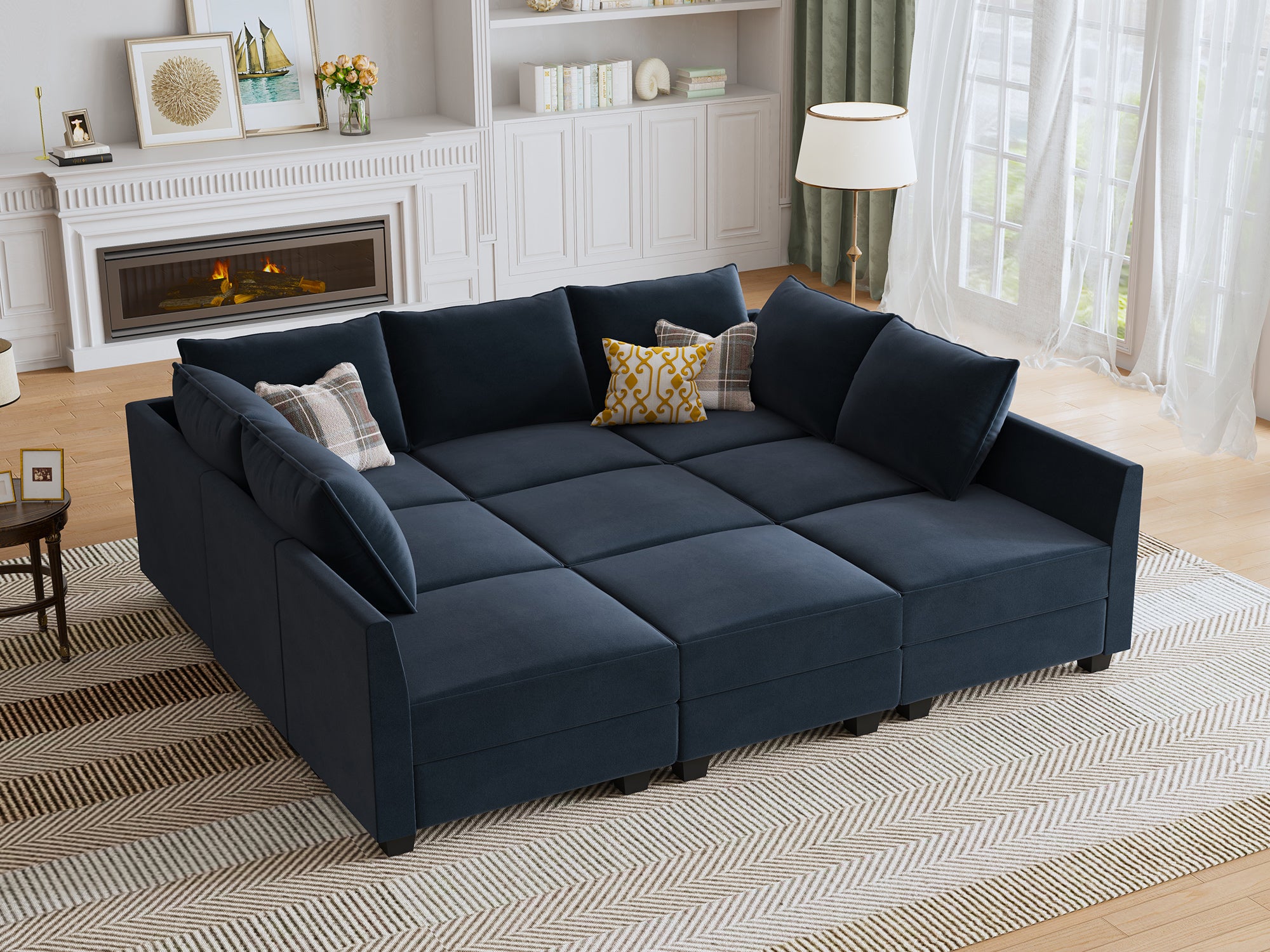 HONBAY Velvet 87'' Modular Sofa Sectional Bed Sleeper Couch With Storage Seat #Color_Dark Blue