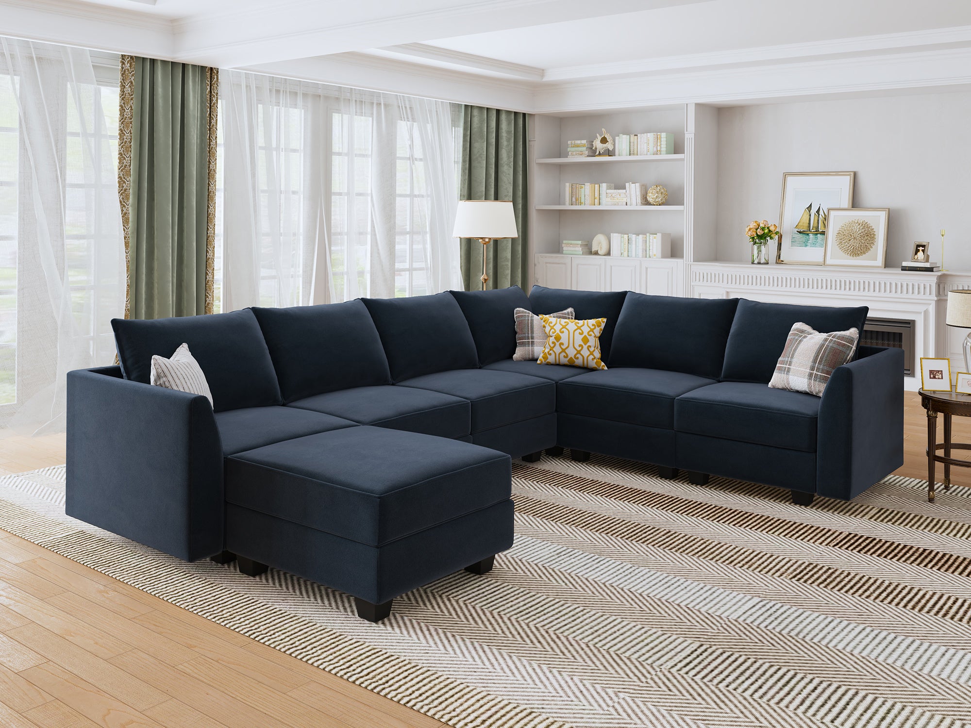 HONBAY Velvet 6-Seat Convertible Modular Sofa with Storage Seat #Color_Dark Blue