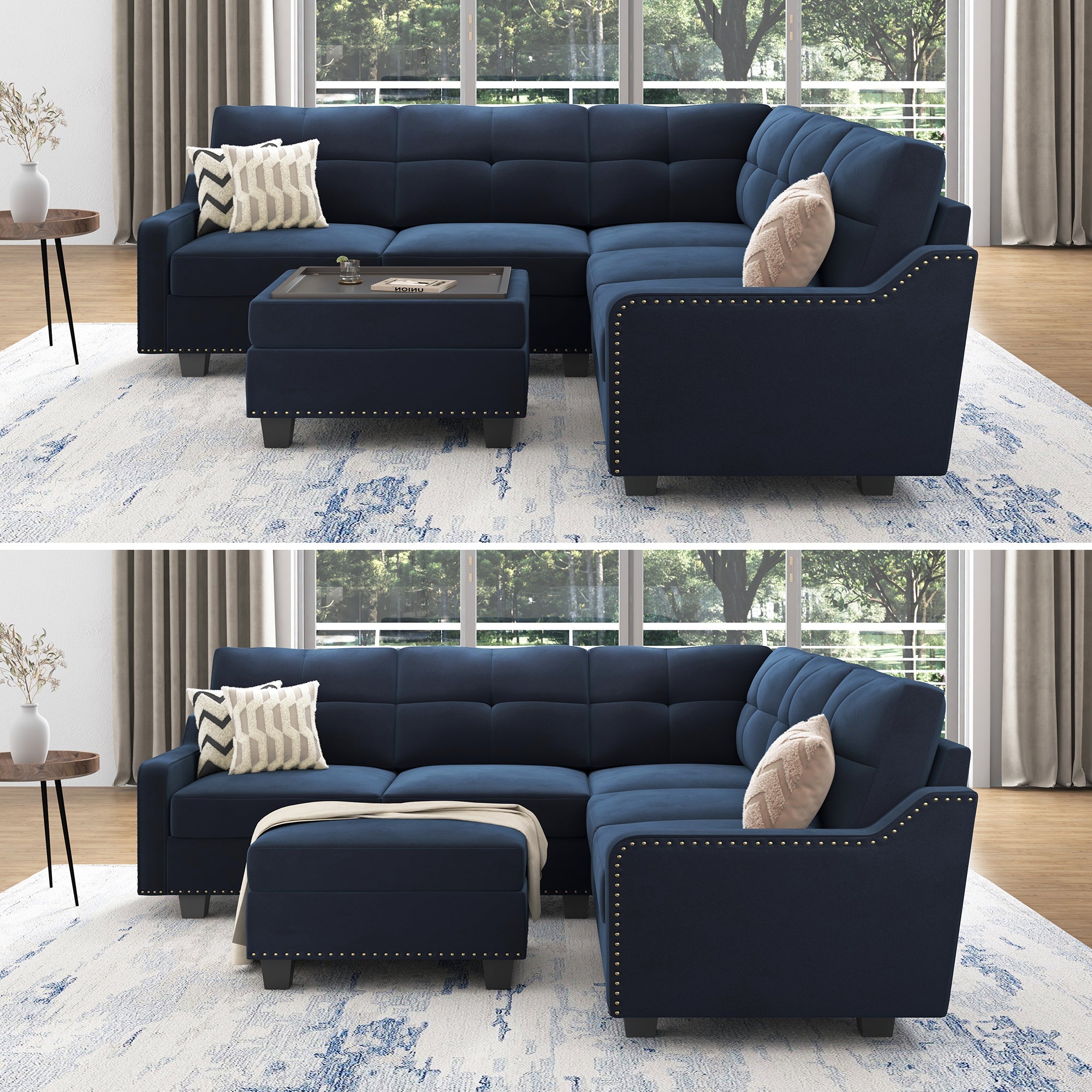 HONBAY 6-Piece Velvet Convertible Sectional With Tray Ottoman