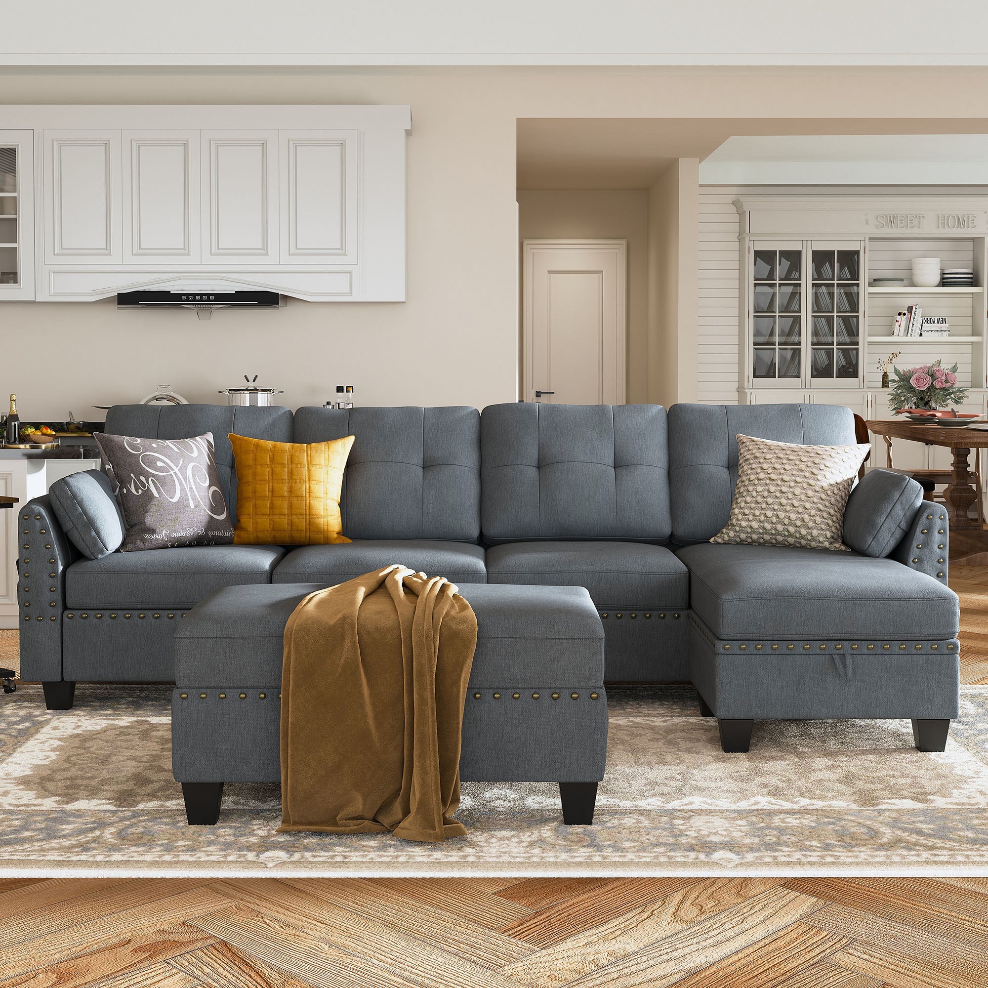 HONBAY 4-Seat L-Shaped Sectional Sofa with Storage Ottoman Set