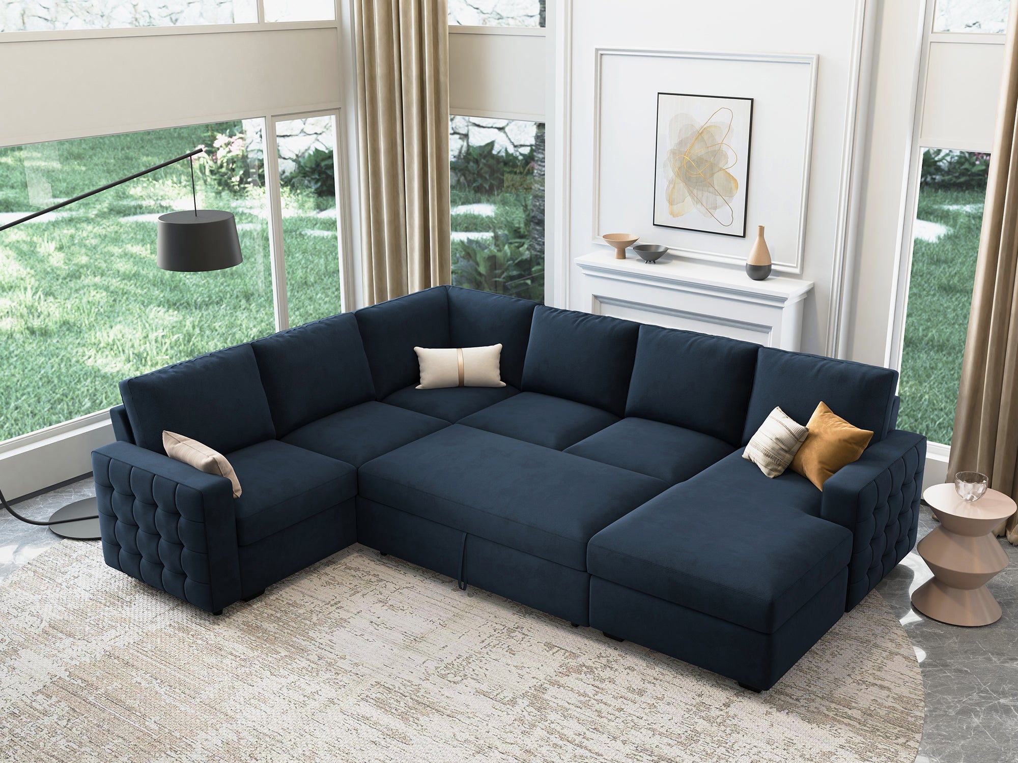 HONBAY 6-Piece Velvet Sleeper Sectional With Storage Space #Color_Dark Blue