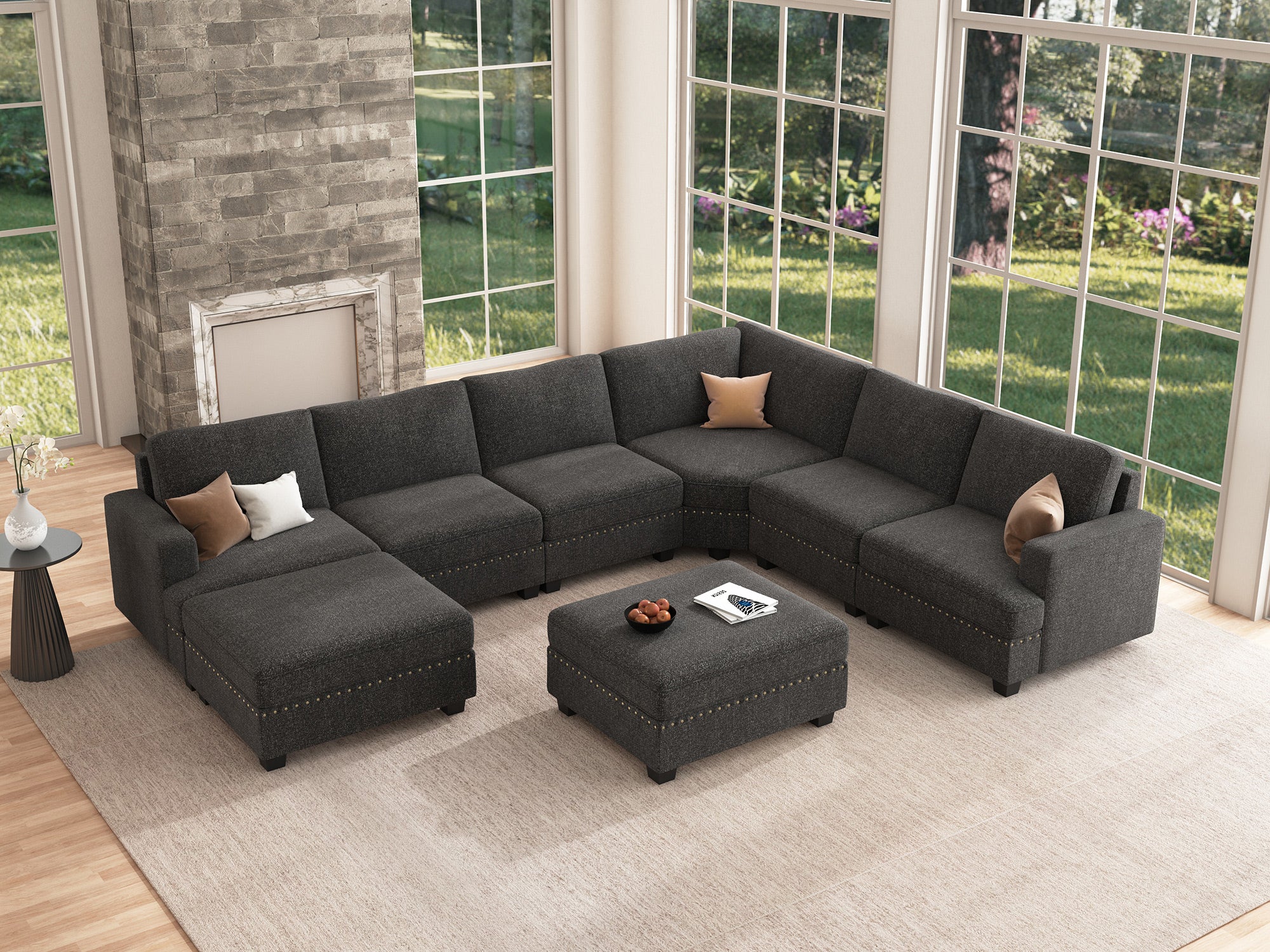 HONBAY 6-Seat Corner Modular Sofa Oversized Sectional Sofa Couch with Two Storage Reversible Ottoman #Color_Dark Grey