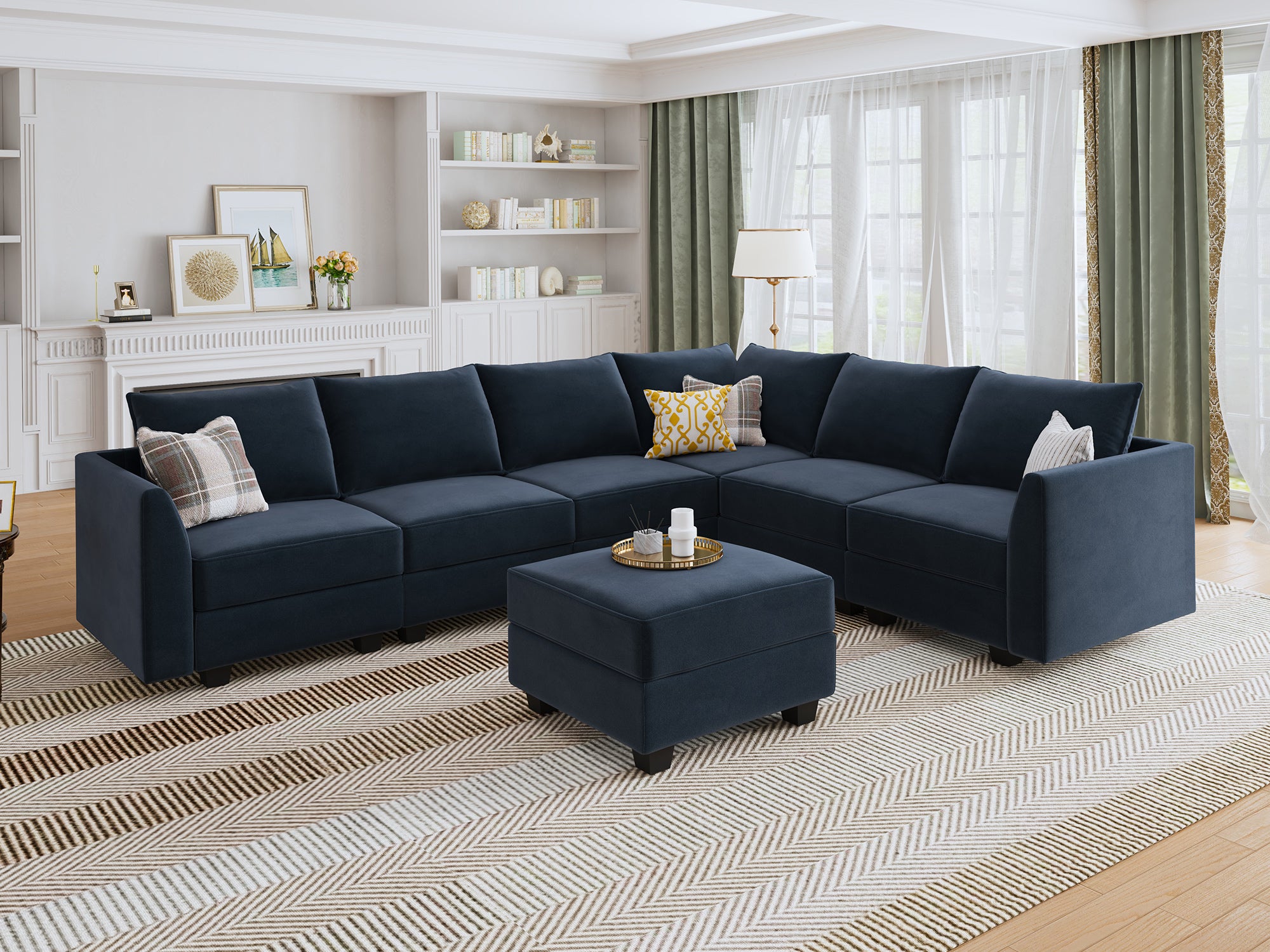 HONBAY Velvet 6-Seat Convertible Modular Sofa with Storage Seat #Color_Dark Blue