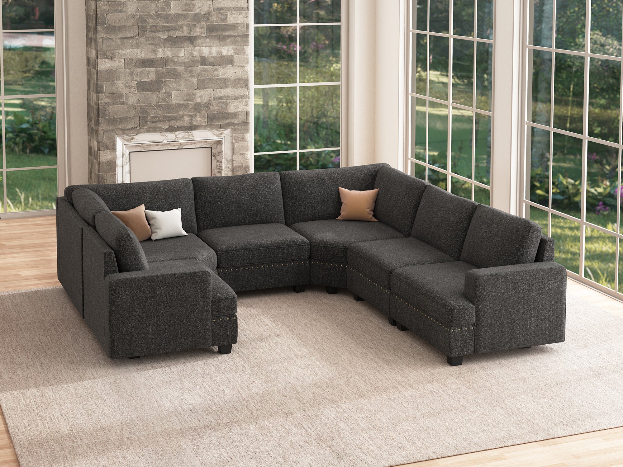 HONBAY 6-Seat U Shaped Corner Modular Sofa Oversized Sectional Sofa Couch for Living Room #Color_Dark Grey