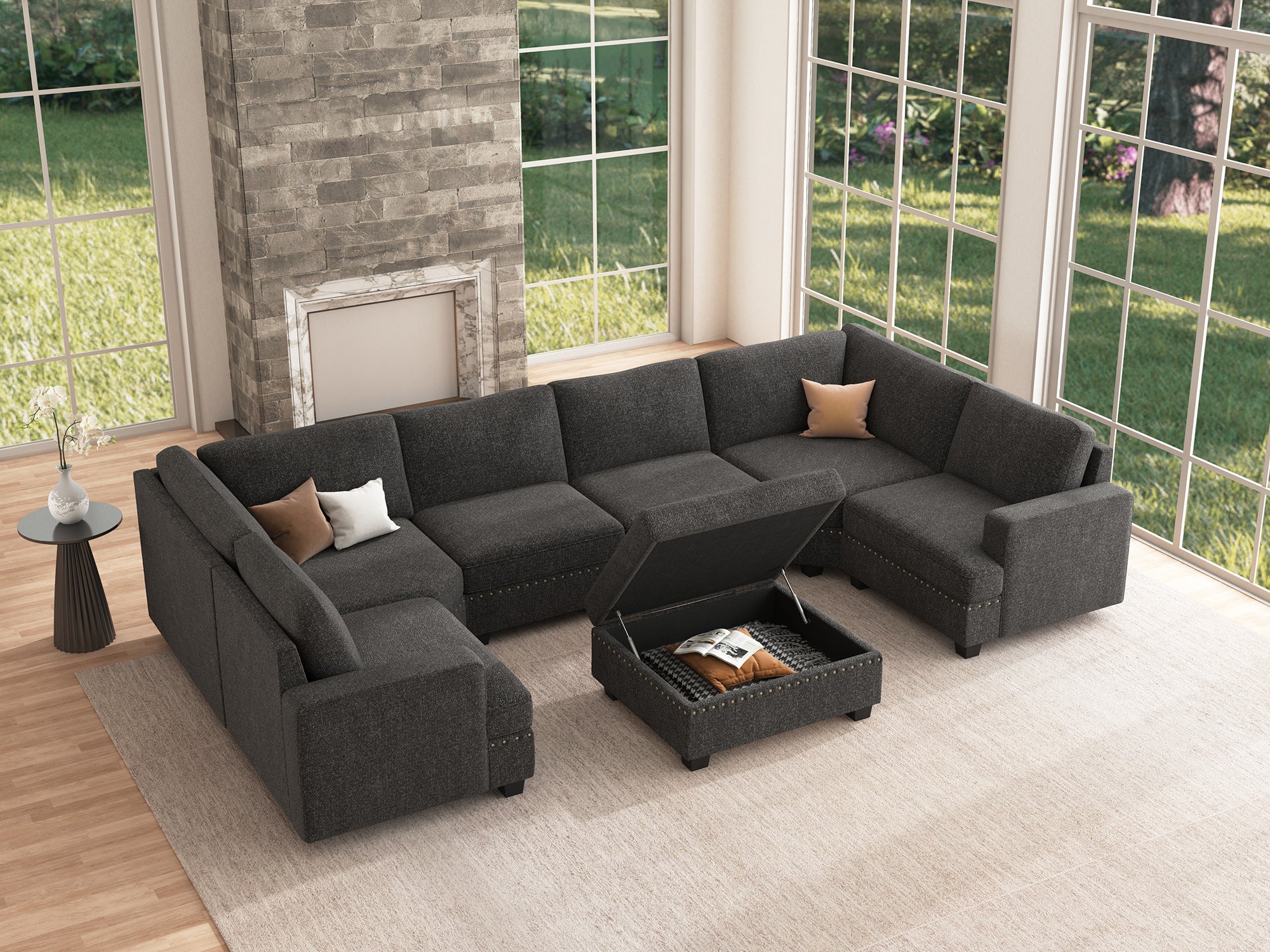 HONBAY 6-Seat U Shaped Corner Modular Sofa Oversized Sectional Sofa Couch with Storage Ottoman #Color_Dark Grey
