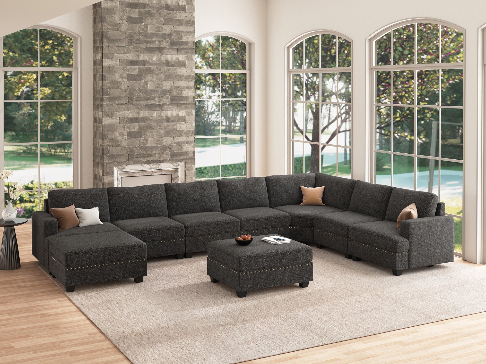 NOLANY 7-Seat Corner Modular Sofa Oversized Sectional Sofa Couch with Two Storage Reversible Ottoman #Color_Dark Grey
