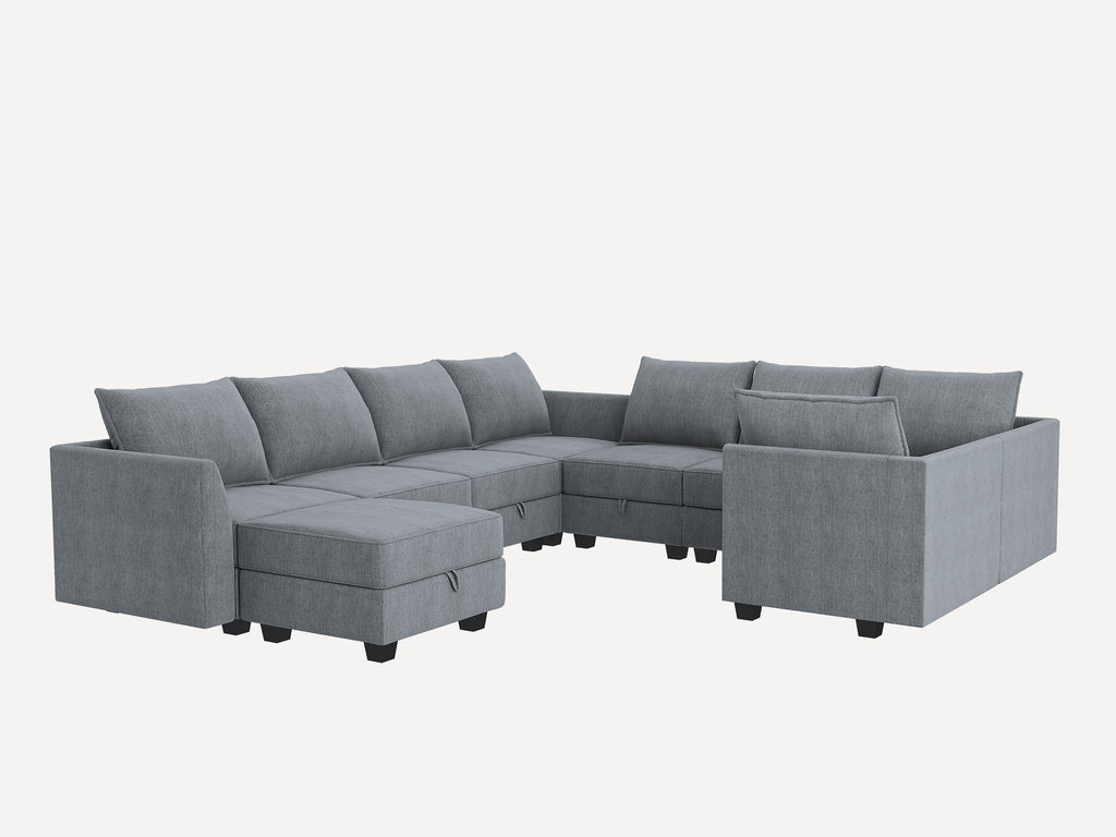 Honbay Polyester 112.6'' Wide 6-Seater Modular Sectional Sofa with Storage Ottoman, Modular Sofa with Bed, Modular Sleeper Sofas, Bluish Grey