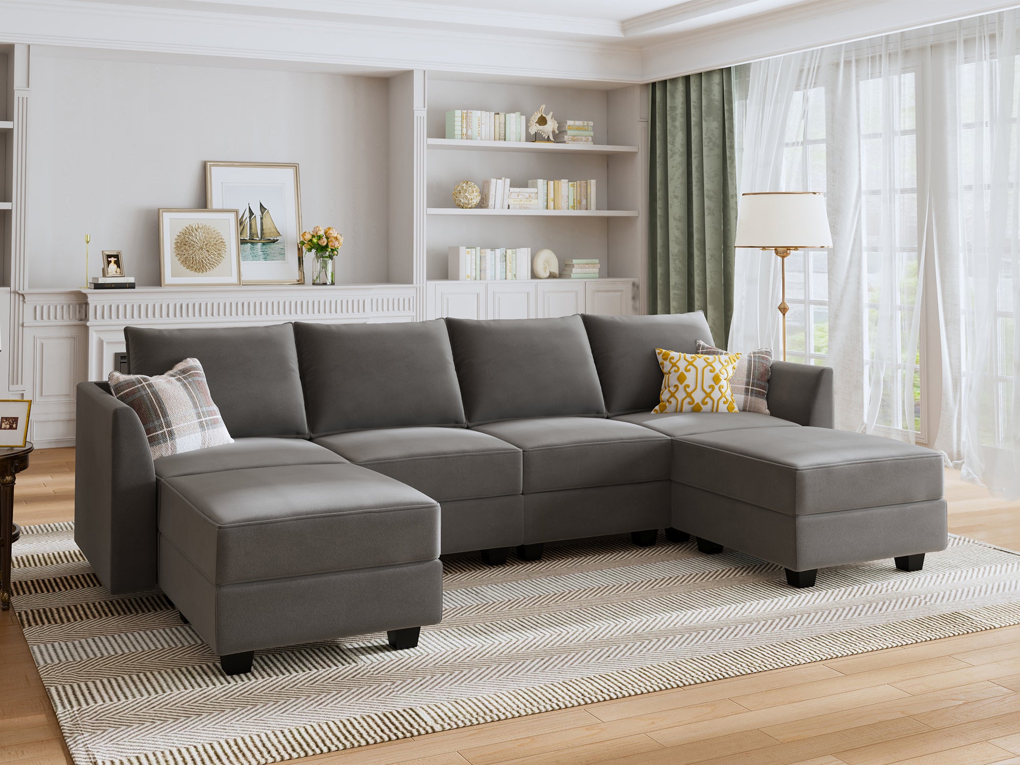 HONBAY Velvet U-Shaped Sectional Sofa Couch Set and Tufted Back Cushions  for Living Room, Dull Grey 