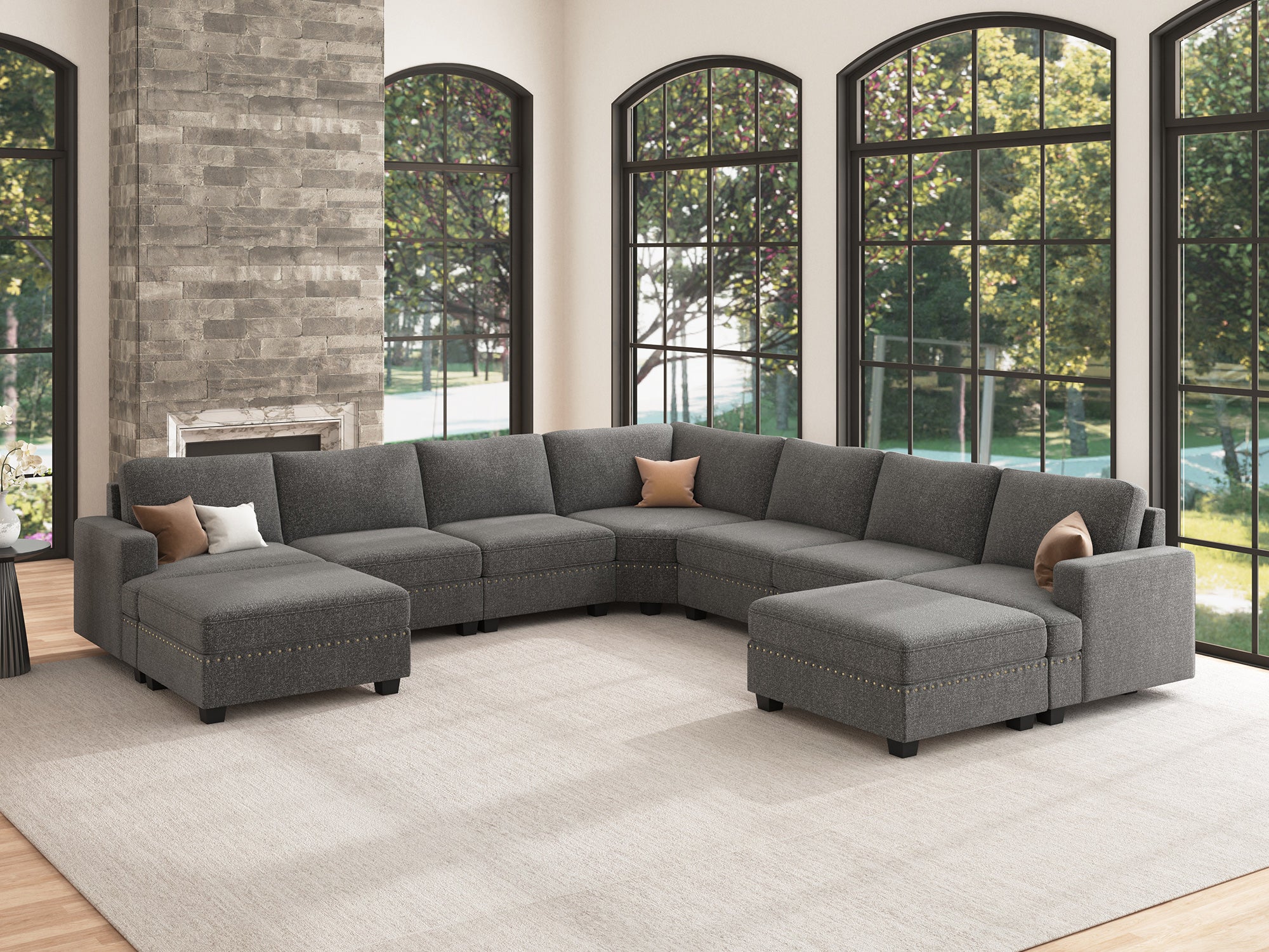 NOLANY 7-Seat Corner Modular Sofa Oversized Sectional Sofa Couch with Two Storage Reversible Ottoman #Color_Light Grey