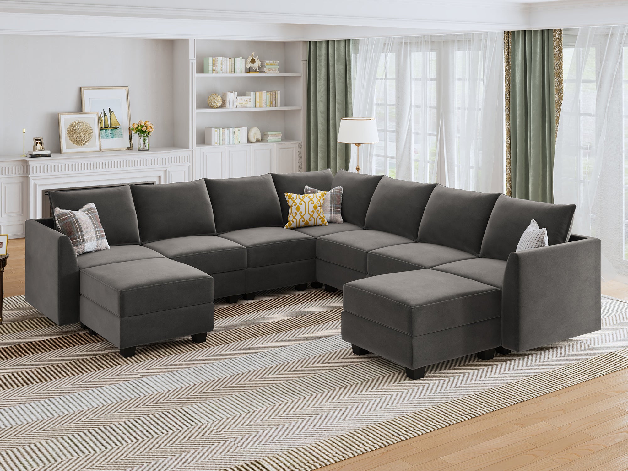 HONBAY Velvet 7-Seat Modular Sofa Corner Sectional Couch With Storage Seat #Color_Grey
