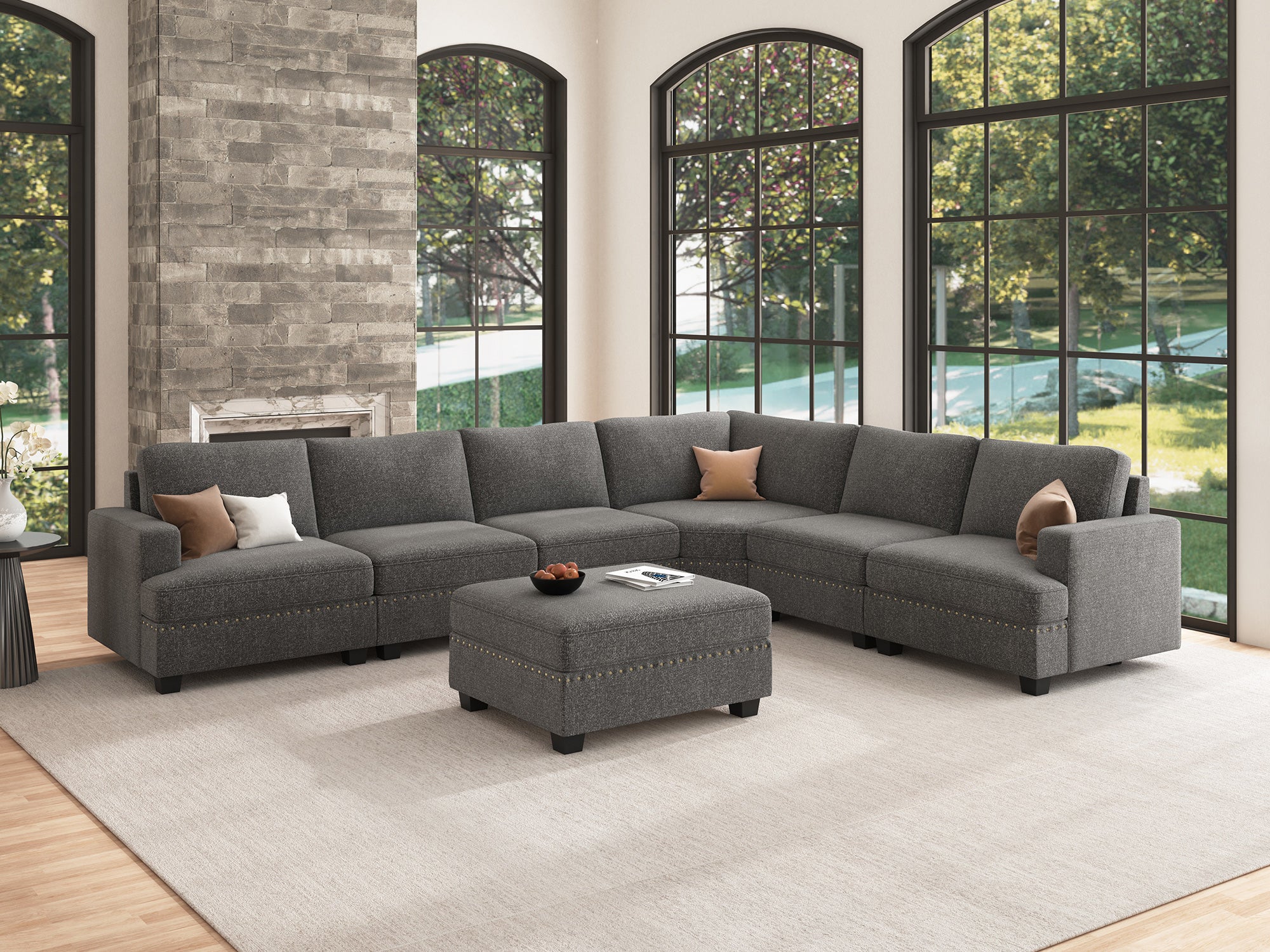 HONBAY 6-Seat Corner Modular Sofa Oversized Sectional Sofa Couch with Storage Reversible Ottoman #Color_Light Grey