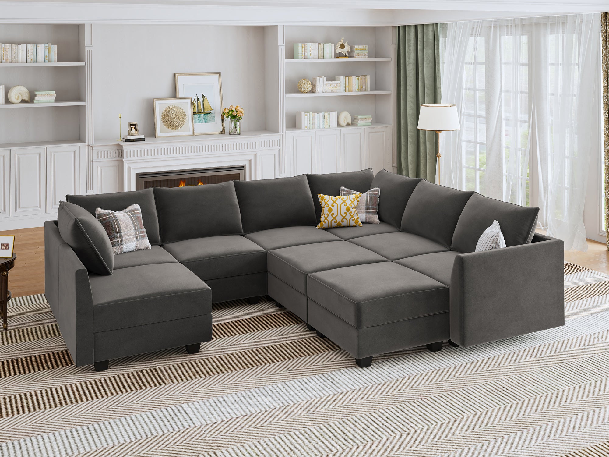 HONBAY Velvet 7-Seat Modular Sofa Corner Sectional Couch With Storage Seat #Color_Grey