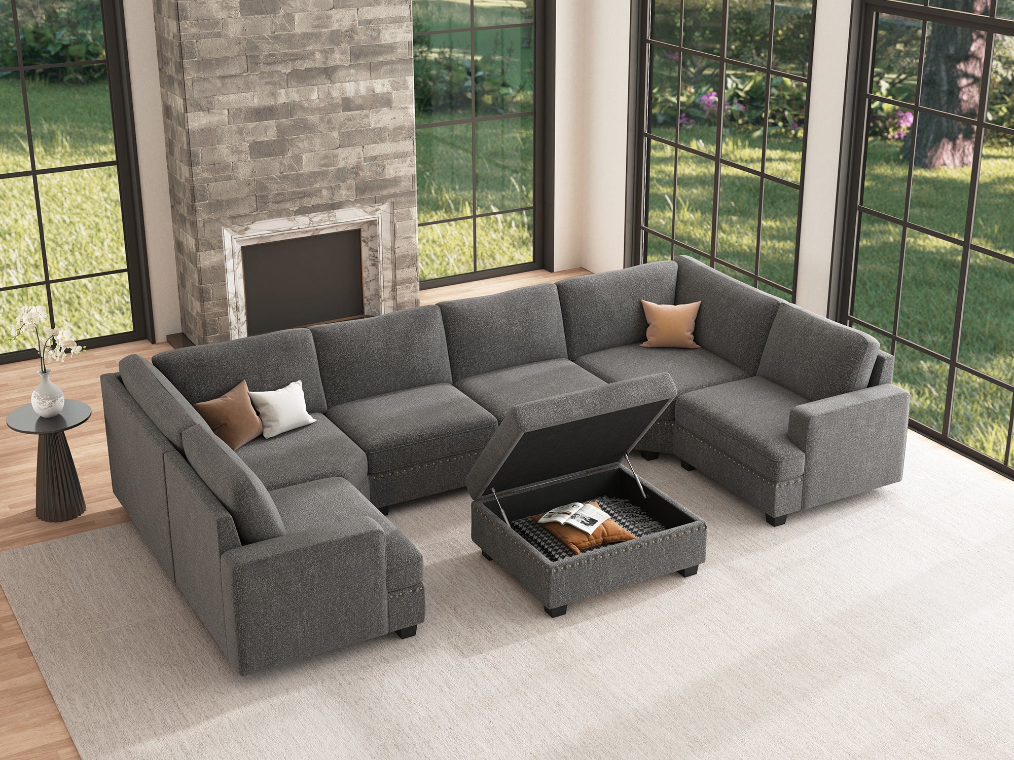 HONBAY 6-Seat U Shaped Corner Modular Sofa Oversized Sectional Sofa Couch with Storage Ottoman #Color_Light Grey