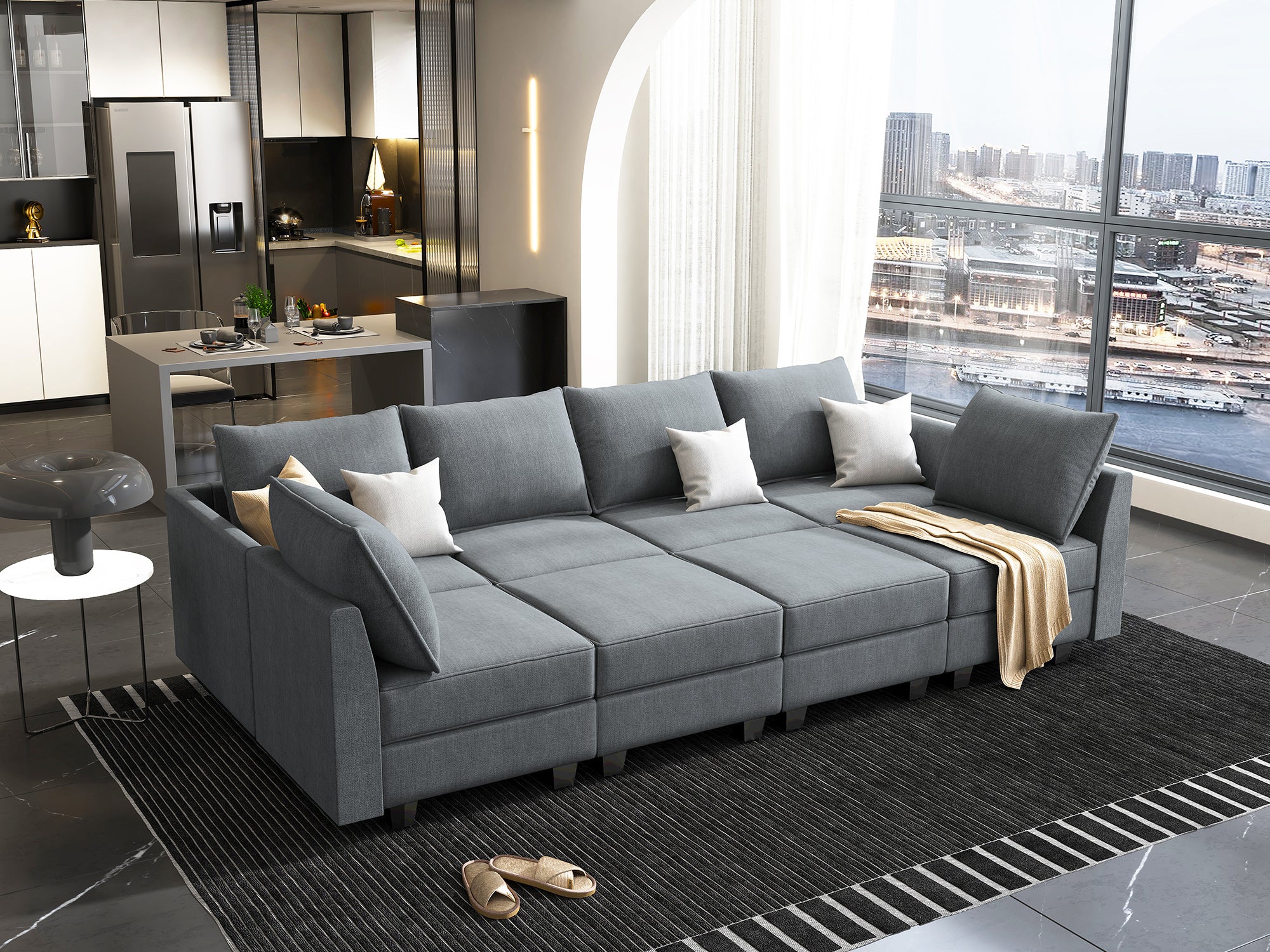 HONBAY Polyester 112.6'' Wide 6-Seater Modular Sectional Sofa Bed Couch with Storage Ottoman#Color_Bluish Grey